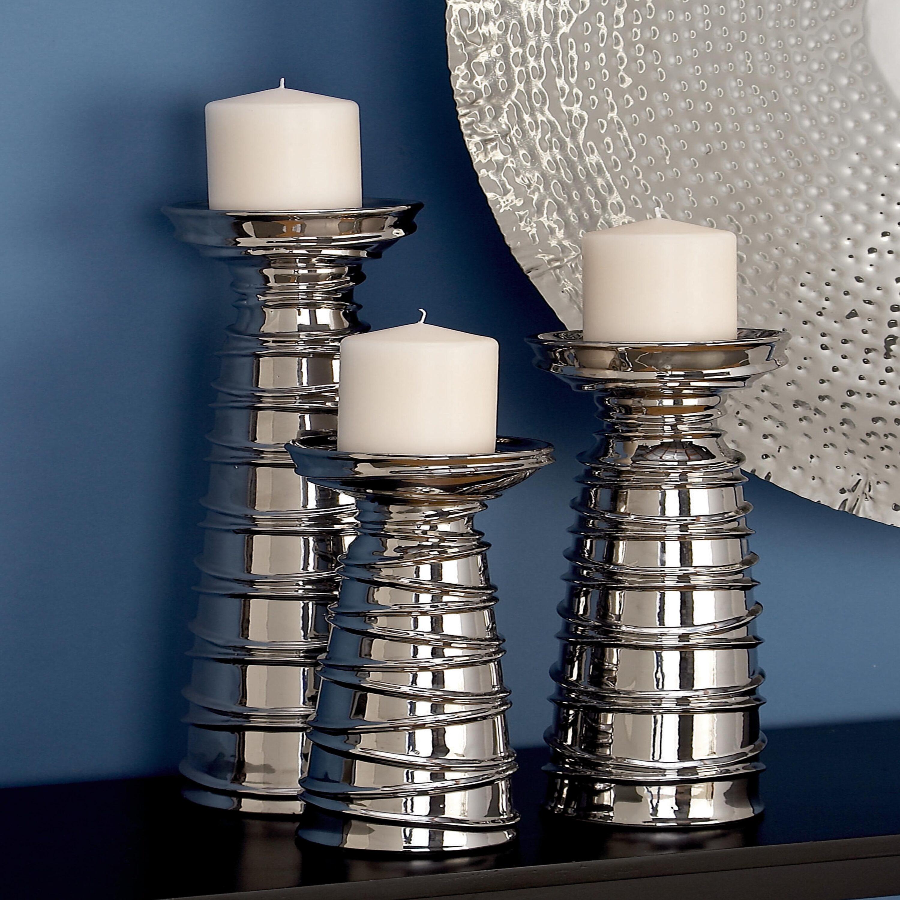 Mercer41 Ceramic Abstract Wrapped Decorative Silver Candle Holder Set