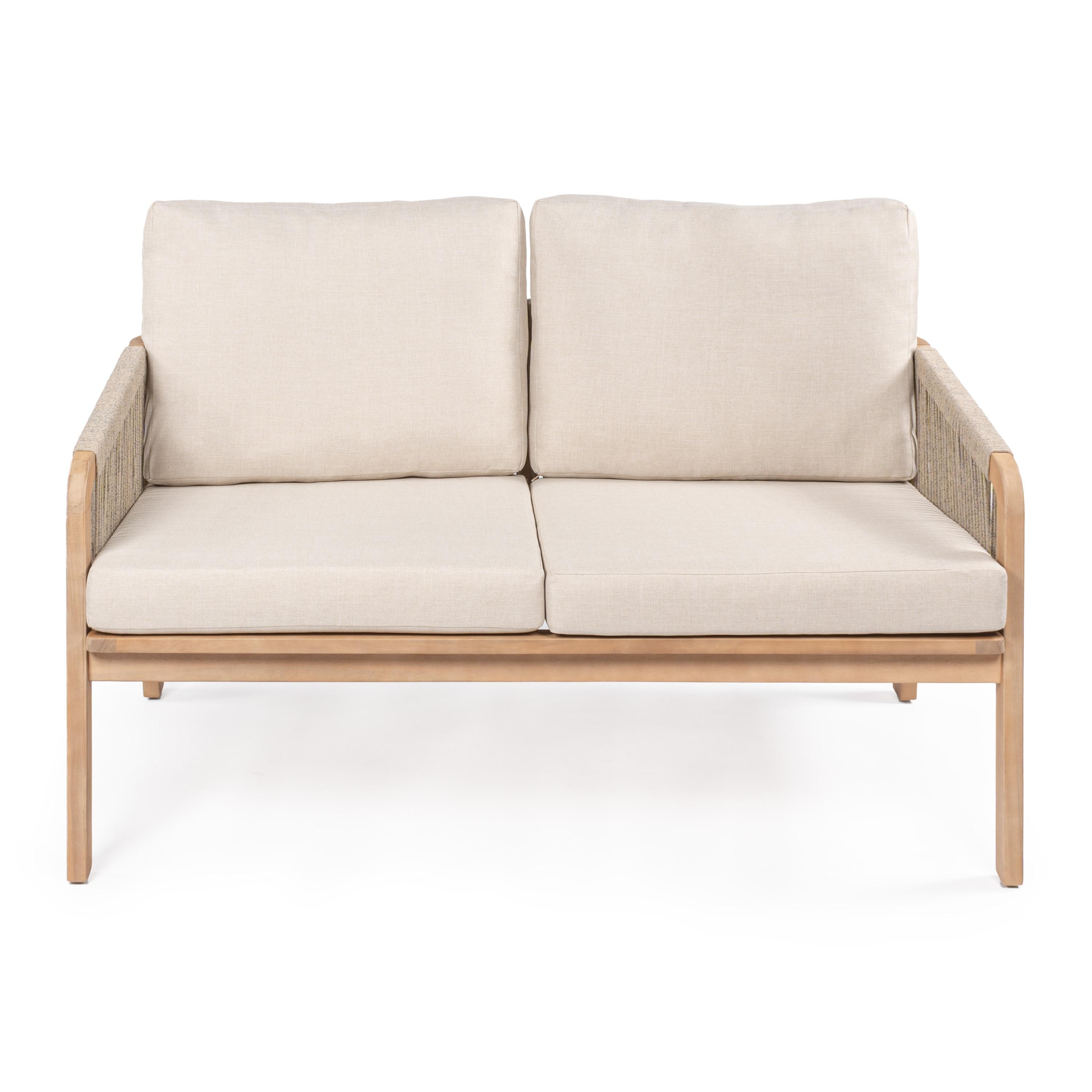 Arwen Modern Bohemian Roped Acacia Wood Outdoor Loveseat with Cushions, Beige/Light Teak - JONATHAN Y