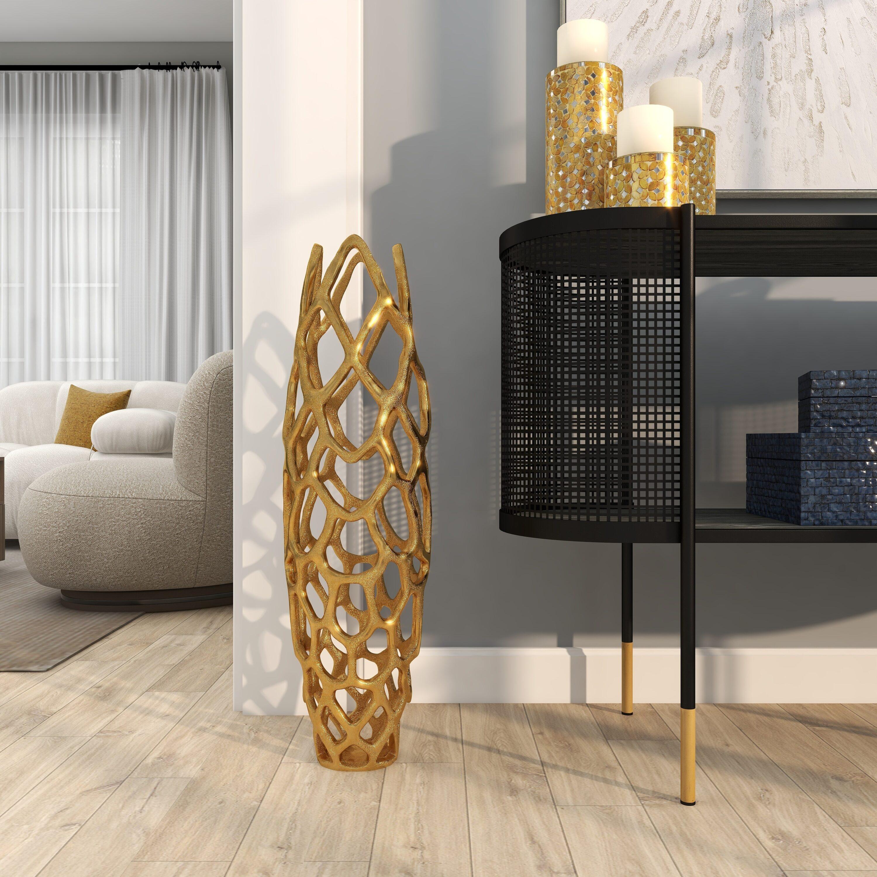 Olivia & May 31" x 9" Eclectic Woven Net-Inspired Aluminum Vase Gold - Indoor Contemporary Amphora Design