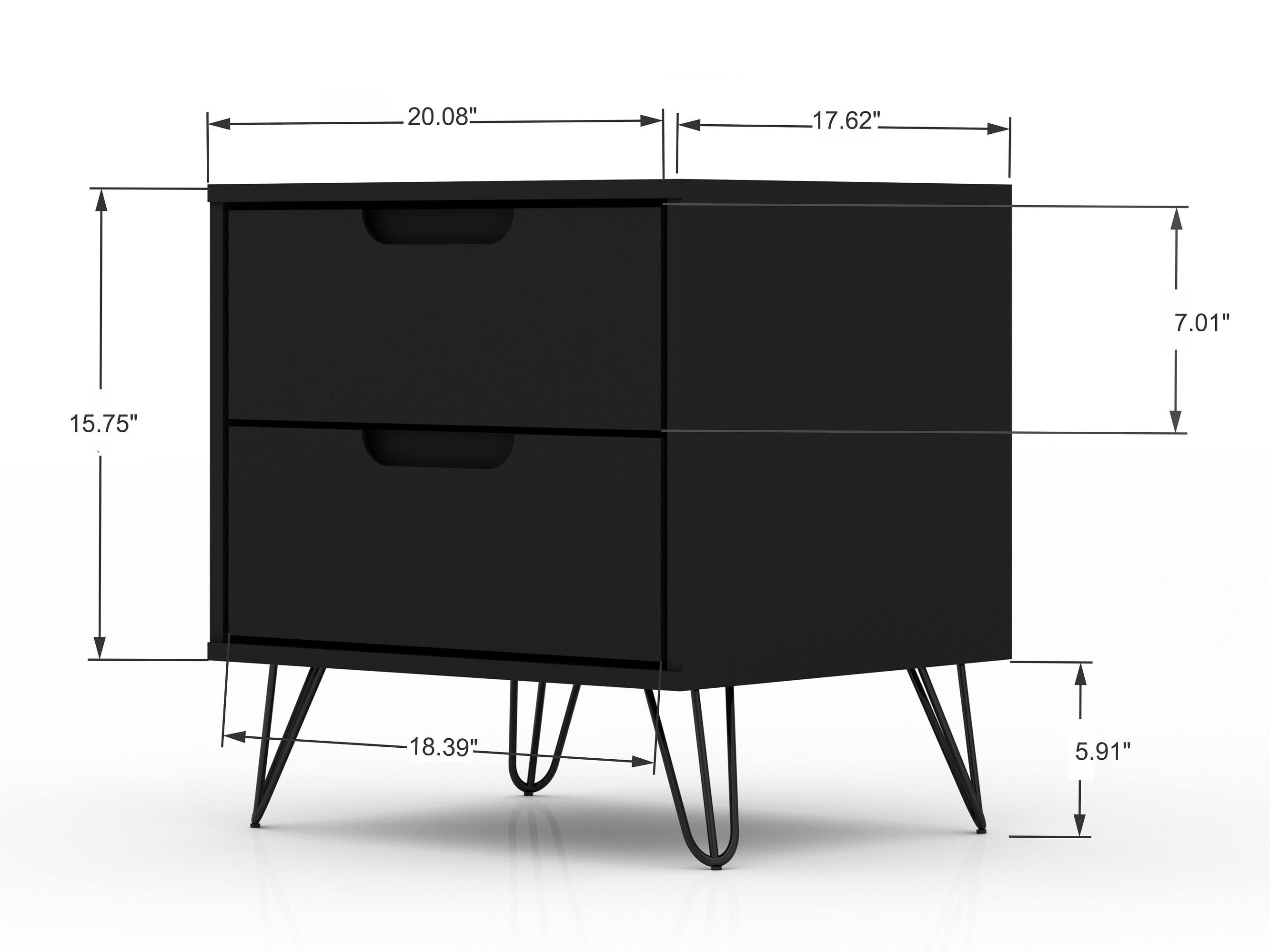 Set of 2 Rockefeller 2 Drawer Nightstands Black - Manhattan Comfort: Modern Bedside Storage Furniture