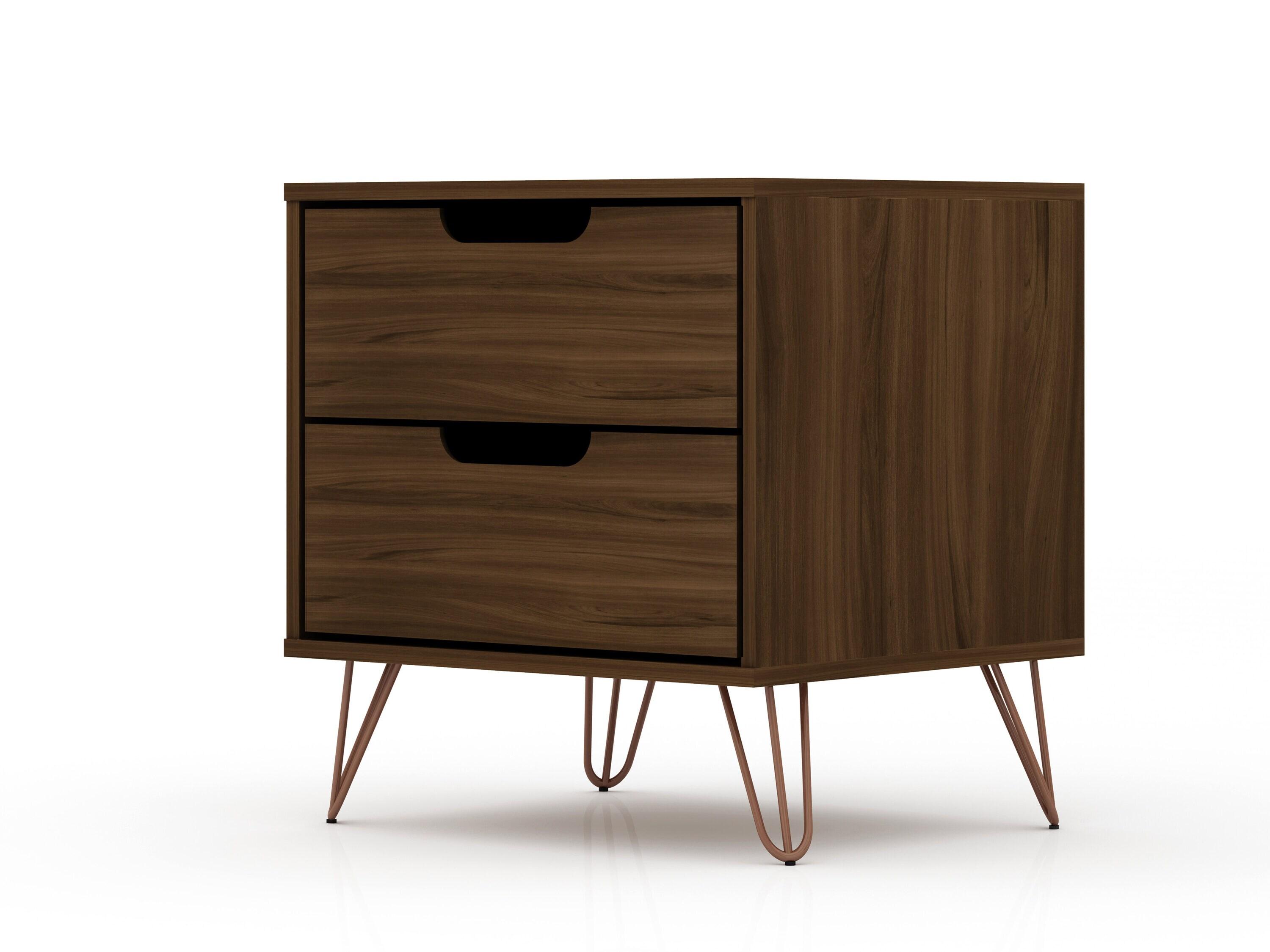 2.0 Rockefeller Nightstand Brown - Manhattan Comfort: Modern Bedside Table with Metal Legs & Storage