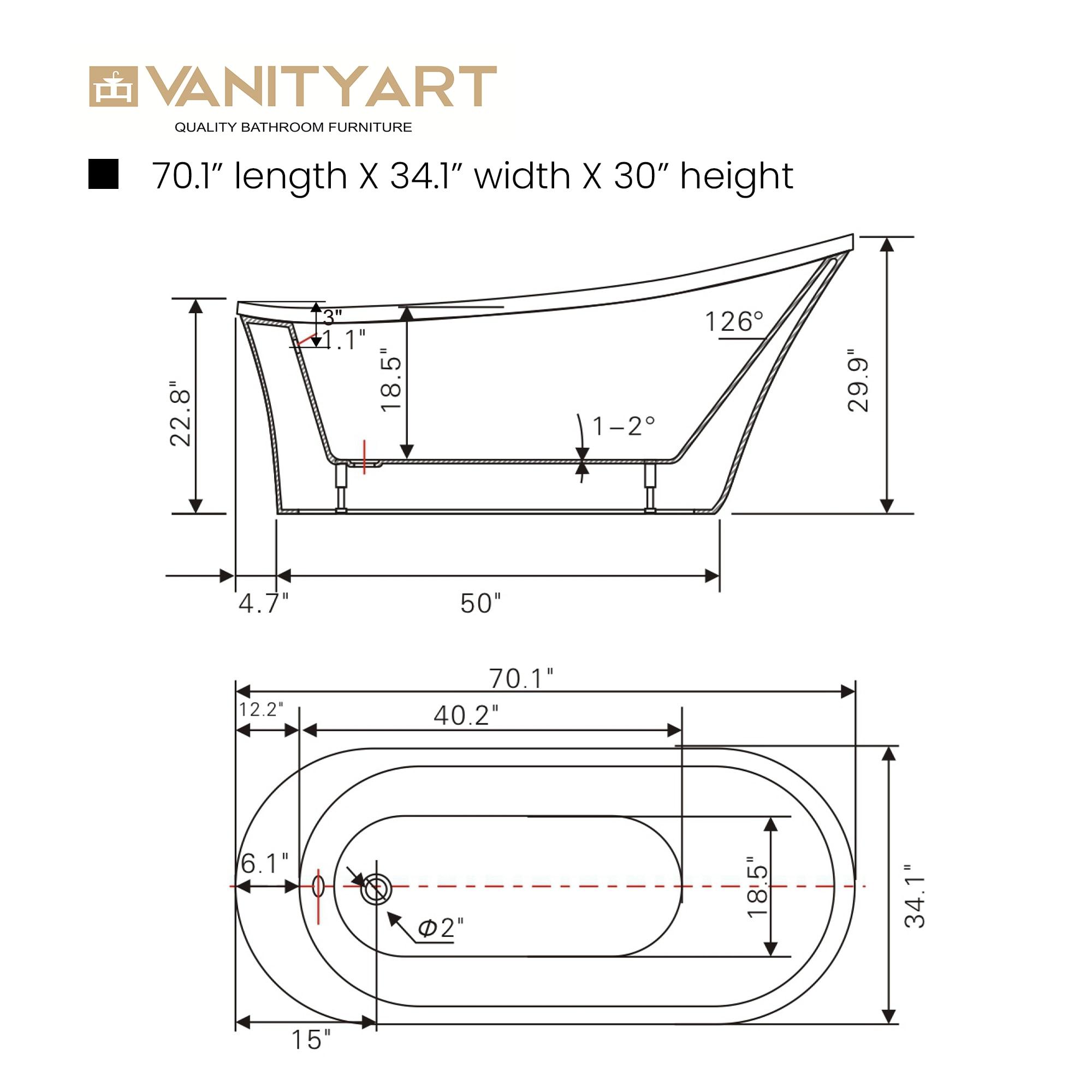 70" x 34" Freestanding Soaking Bathtub