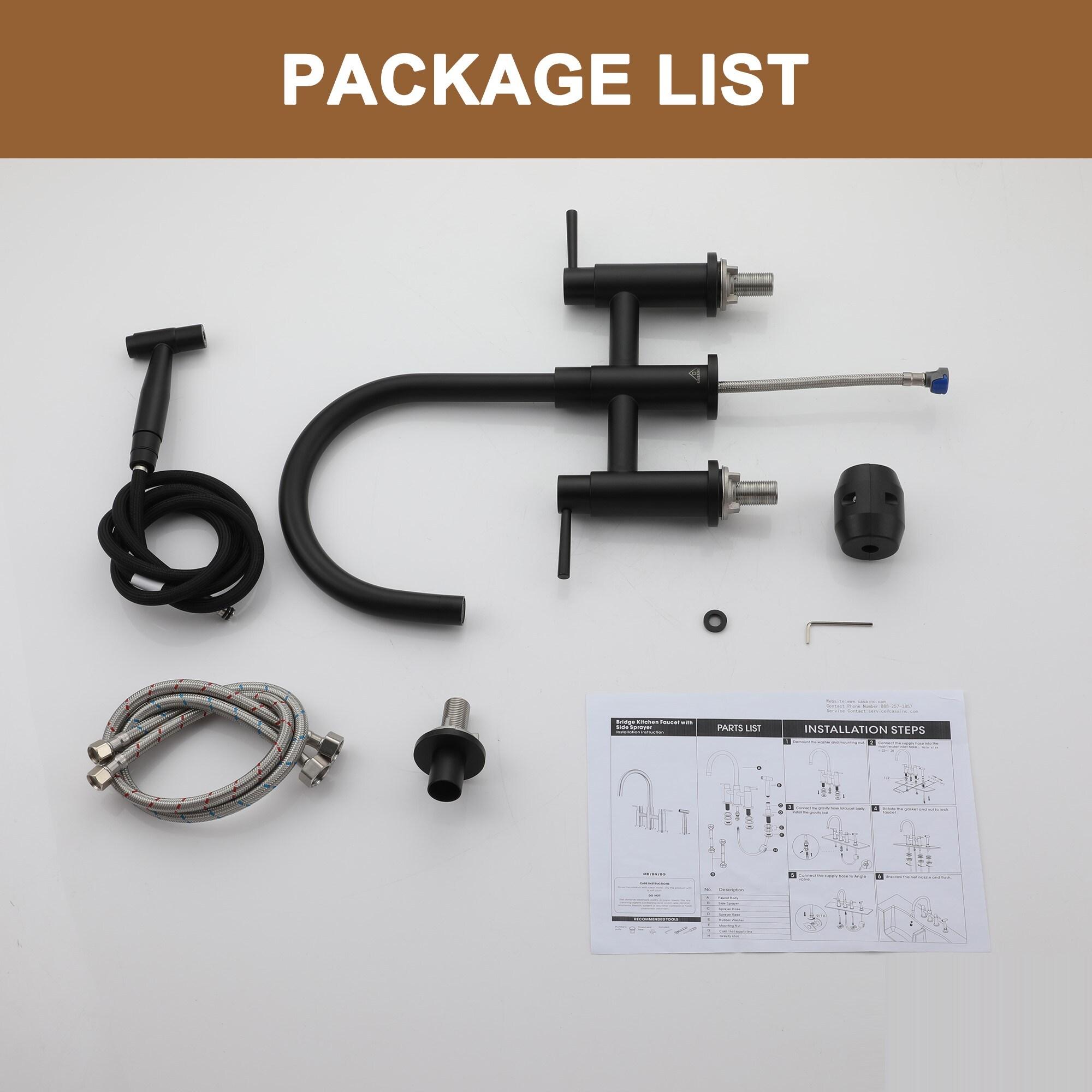 Double Handle Bridge Kitchen Faucet with Side Sprayer in Matte Black