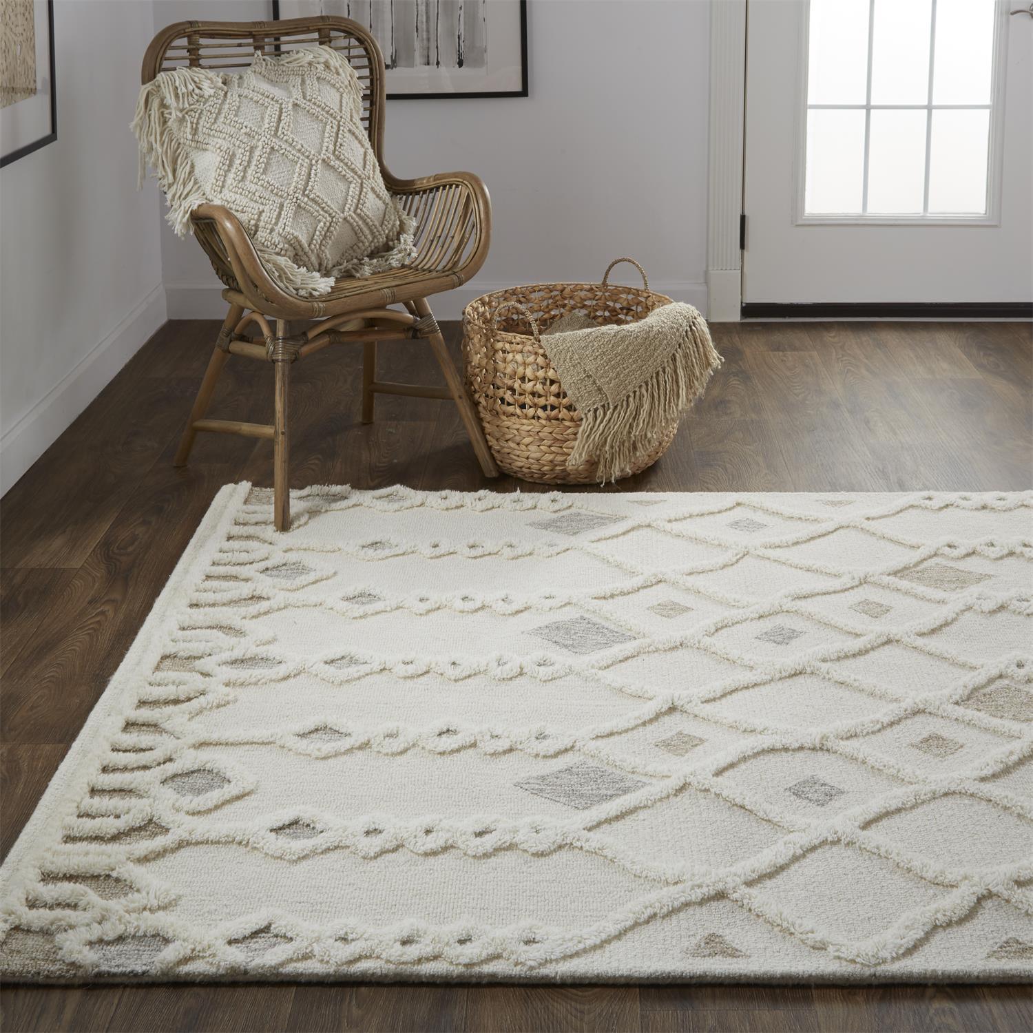 Ivory Geometric Tufted Wool 10' x 14' Area Rug