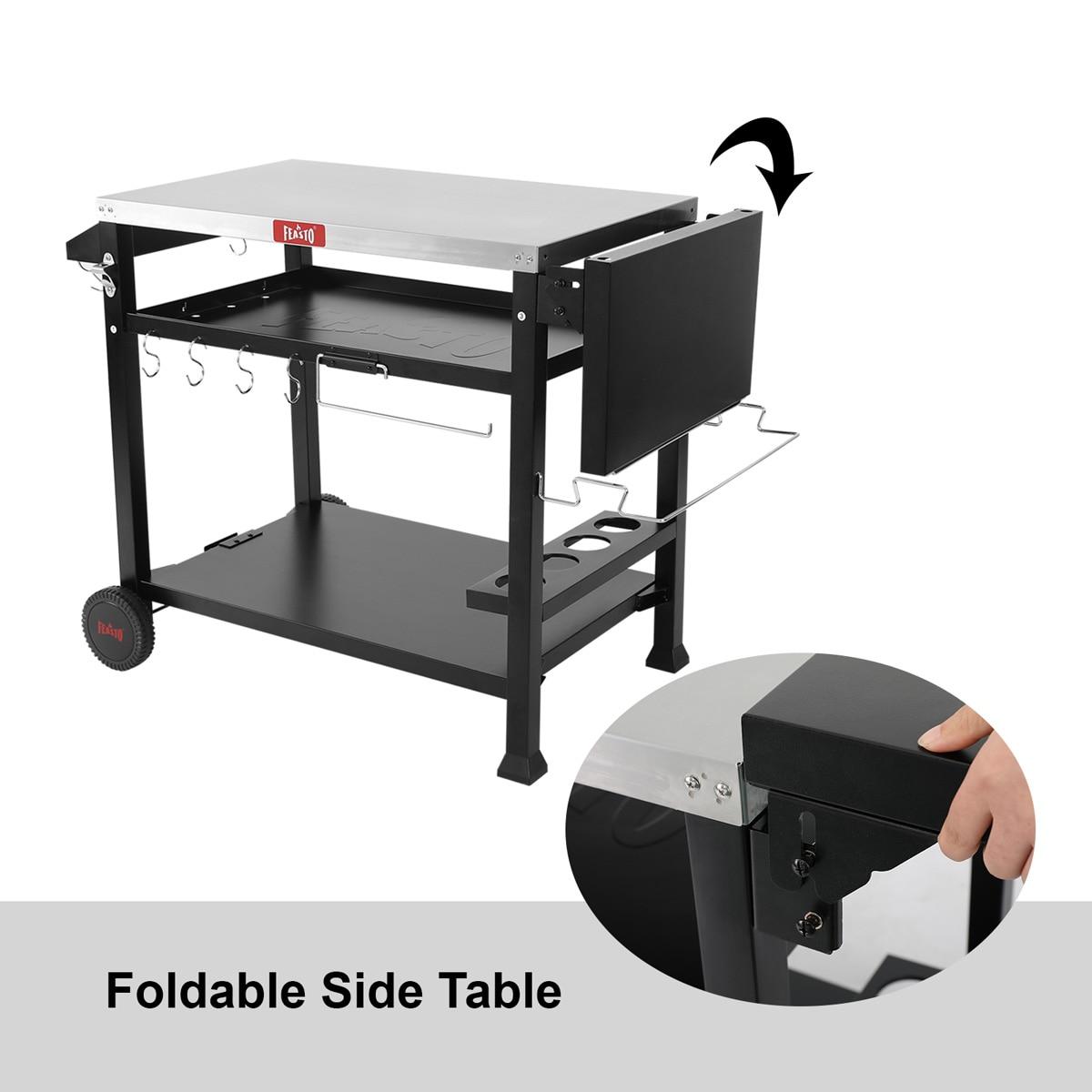Feasto 50 in. Three-Shelf Stainless Outdoor Movable Food Prep Grill Cart Table with Fordable Side Table