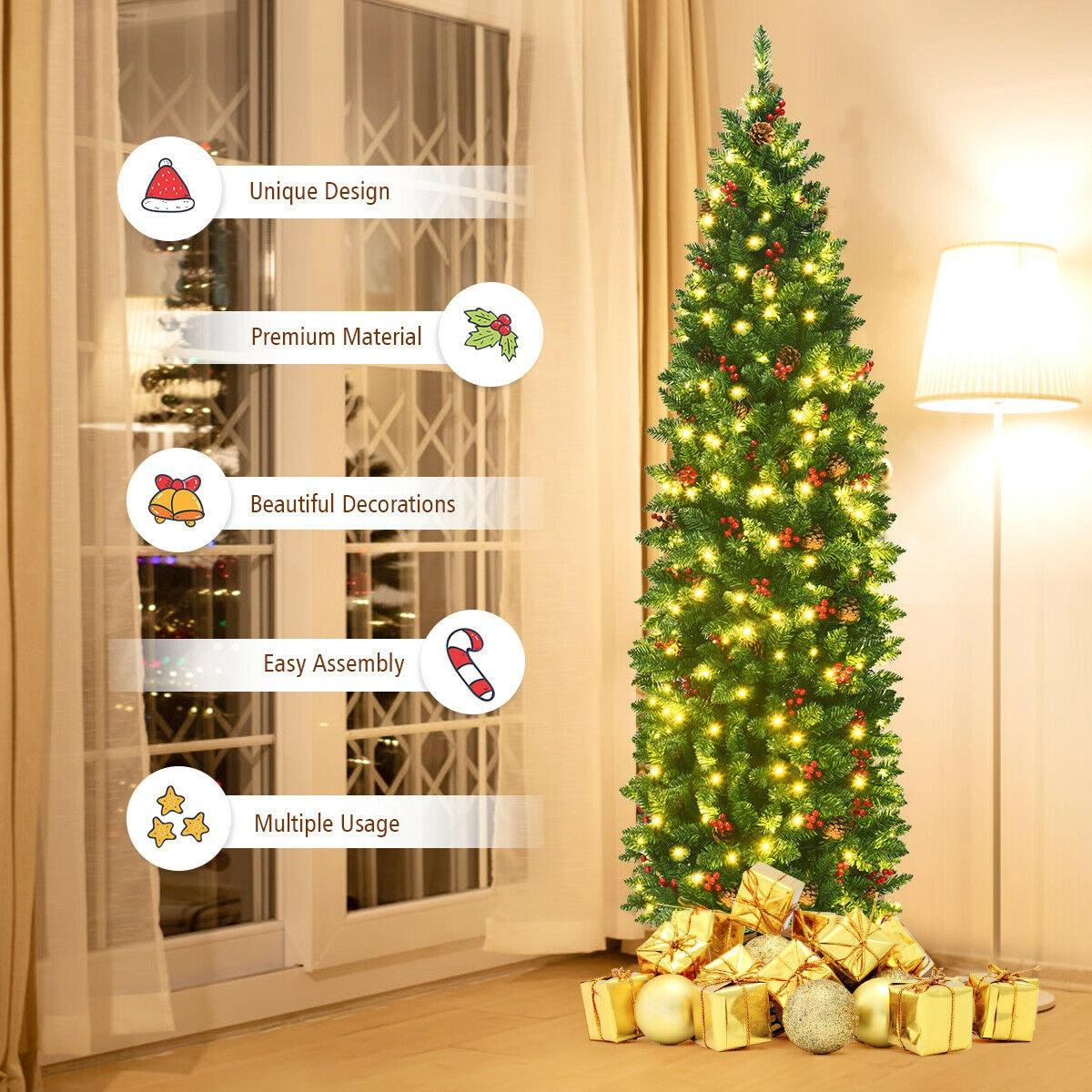 Costway 6.5Ft Pre-lit Hinged Pencil Christmas Tree w/Pine Cones Red Berries & 250 Lights