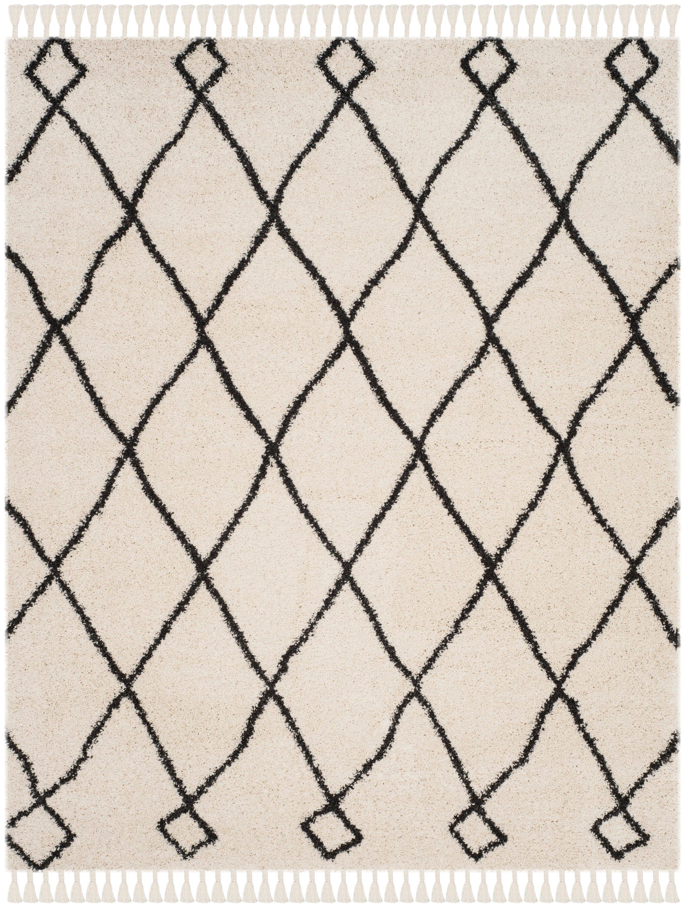 SAFAVIEH Moroccan Fringe Lavern Geometric Shag Area Rug, Cream/Charcoal, 10' x 14'