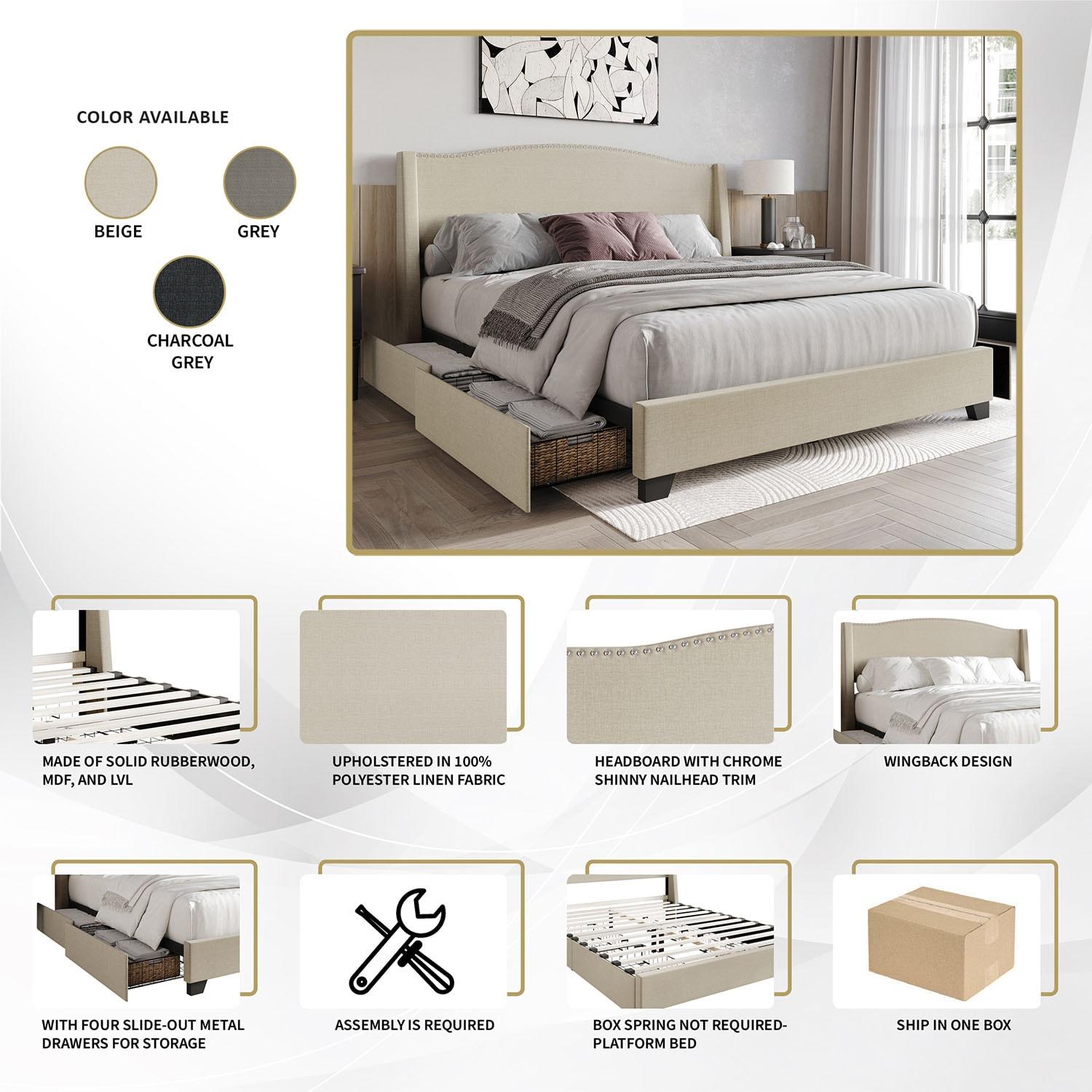 ChaletPosh Full Size Platform Bed with Storage Beige Linen