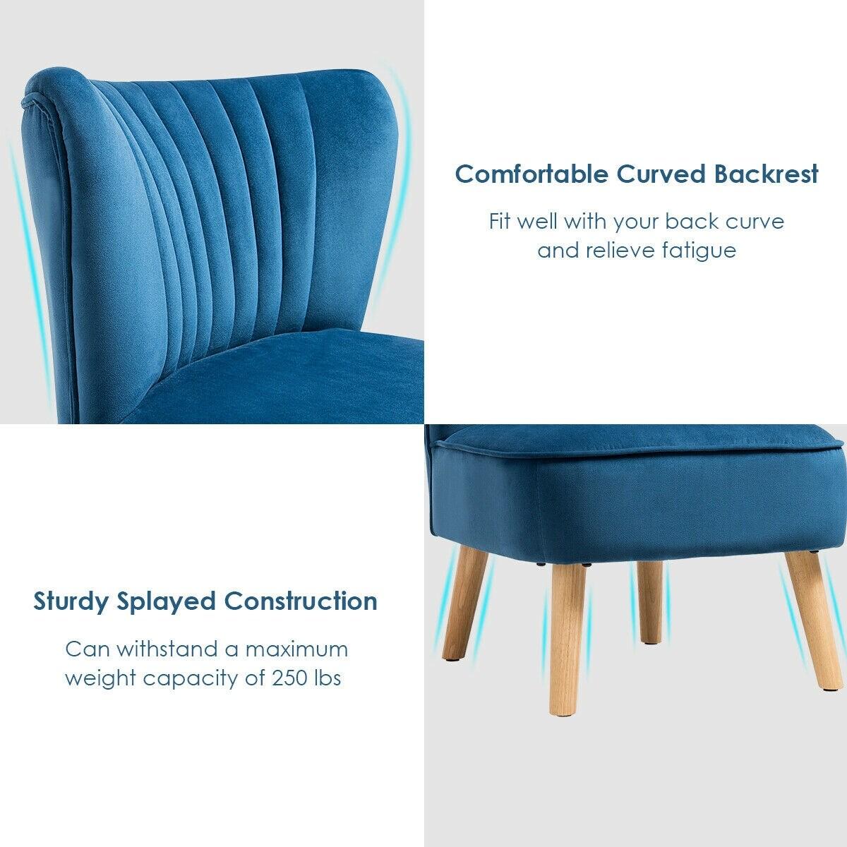 Costway Armless Accent Chair Modern Velvet Leisure Chair Single Upholstered Blue