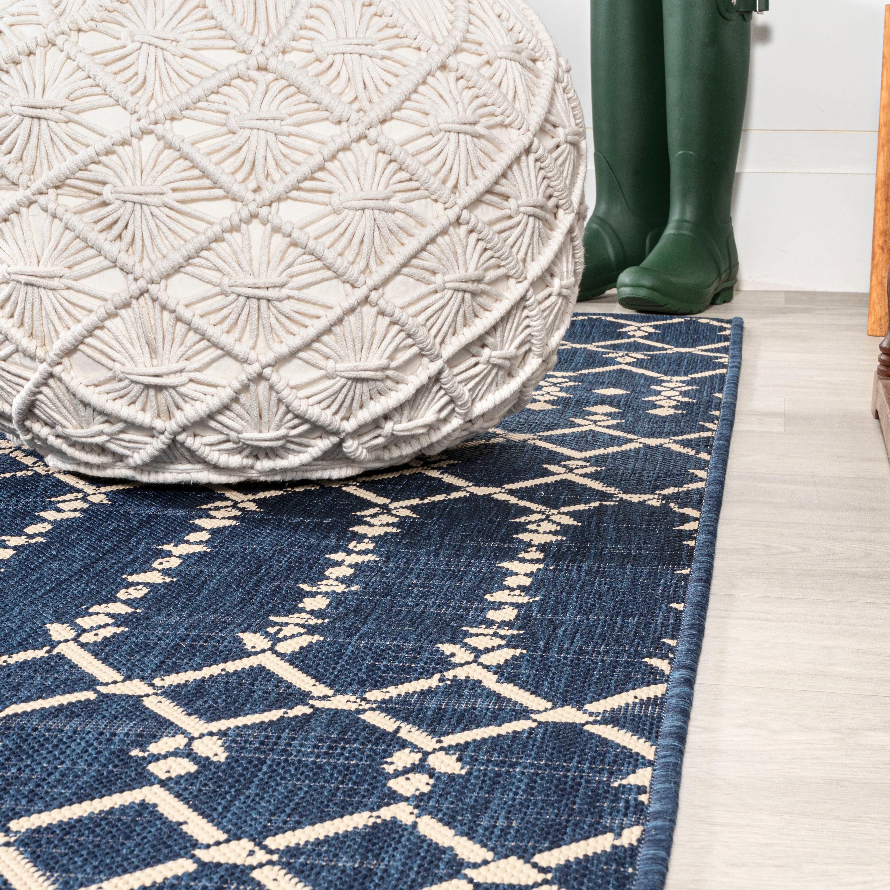 8' x 10' Ourika Moroccan Geometric Textured Weave Indoor/Outdoor Area Rug, Navy/Beige - JONATHAN Y