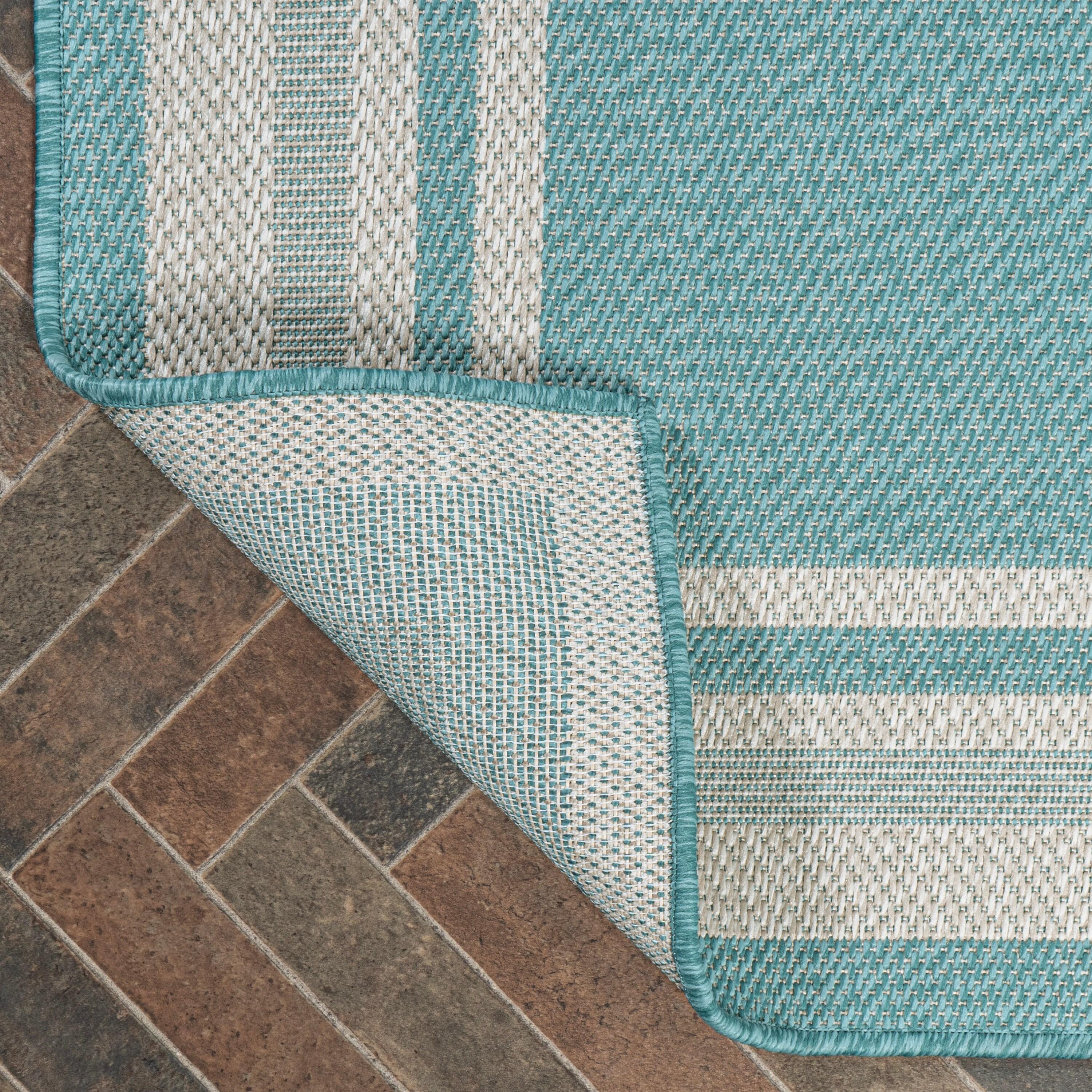 2' x 8' James Modern Border Stripe Indoor/Outdoor Runner Rug, Aqua/Beige - JONATHAN Y