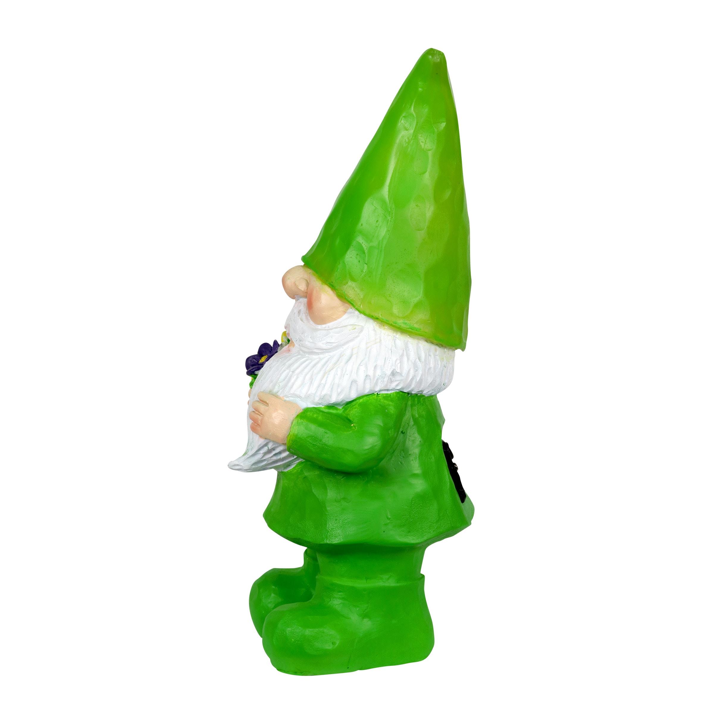 Green LED Solar-Powered Resin Garden Gnome with Flowers