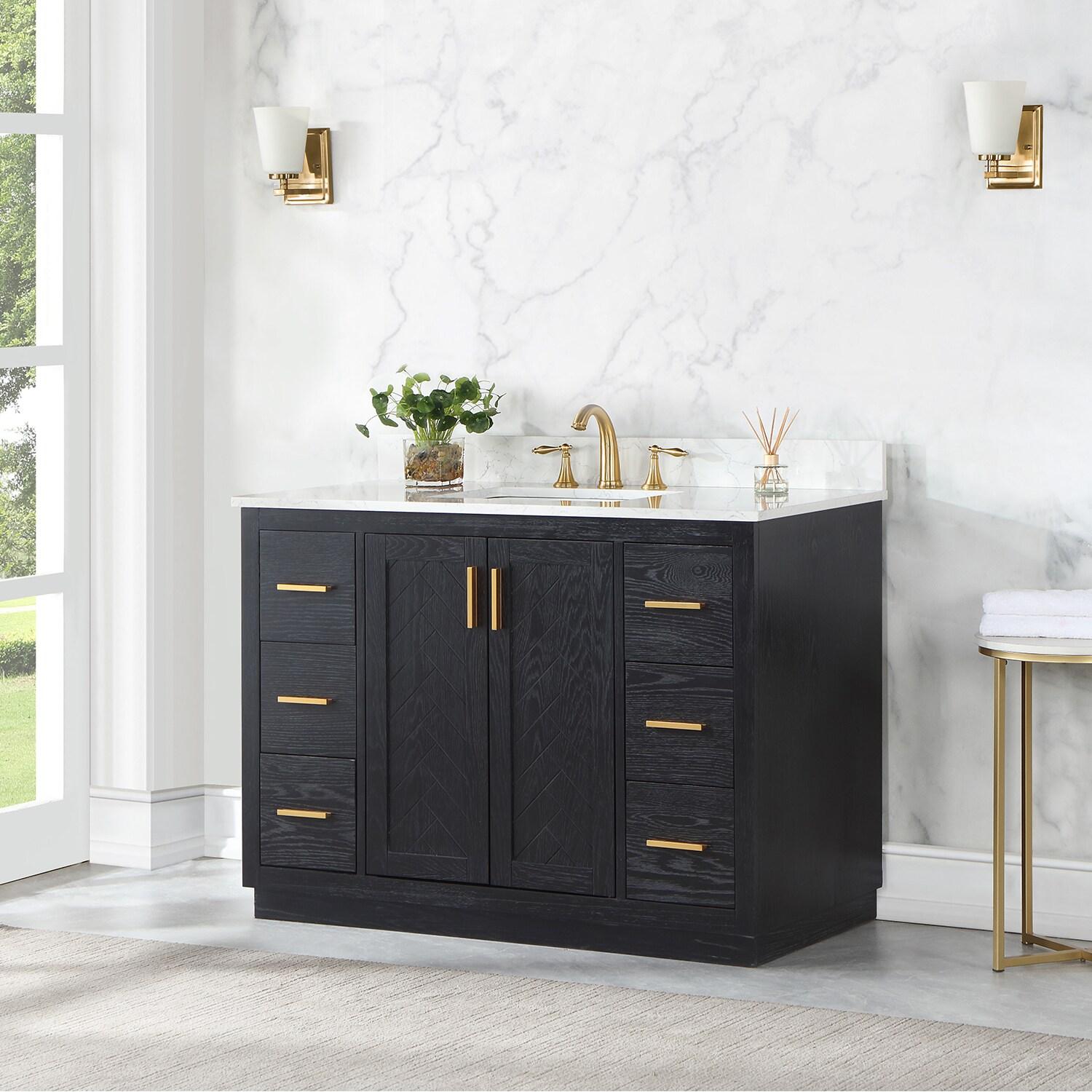 Gazsi 48" Single Bathroom Vanity Set in Black Oak with Grain White Composite Stone Countertop without Mirror