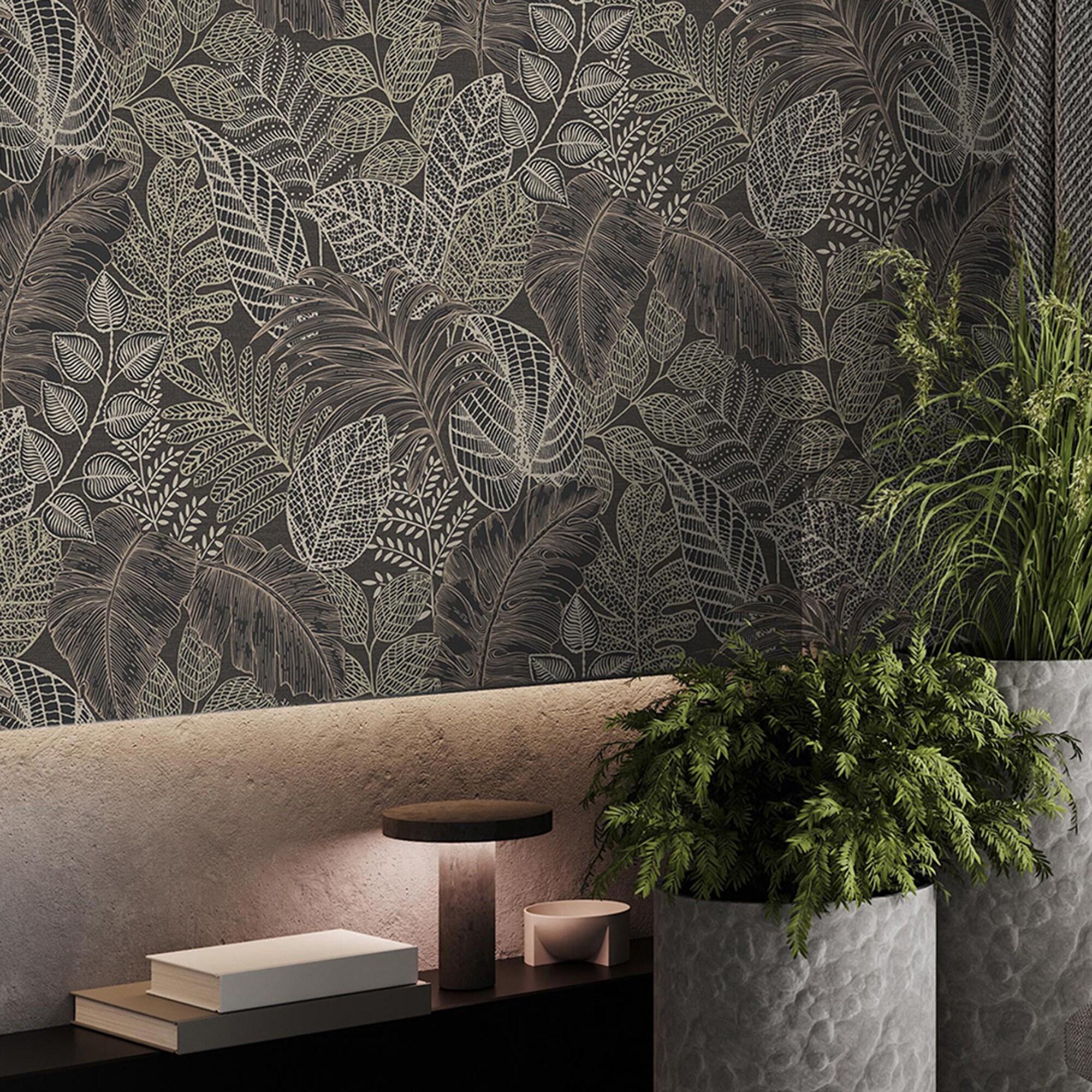 Superfresco Easy Scattered Leaves Charcoal and Gold Wallpaper