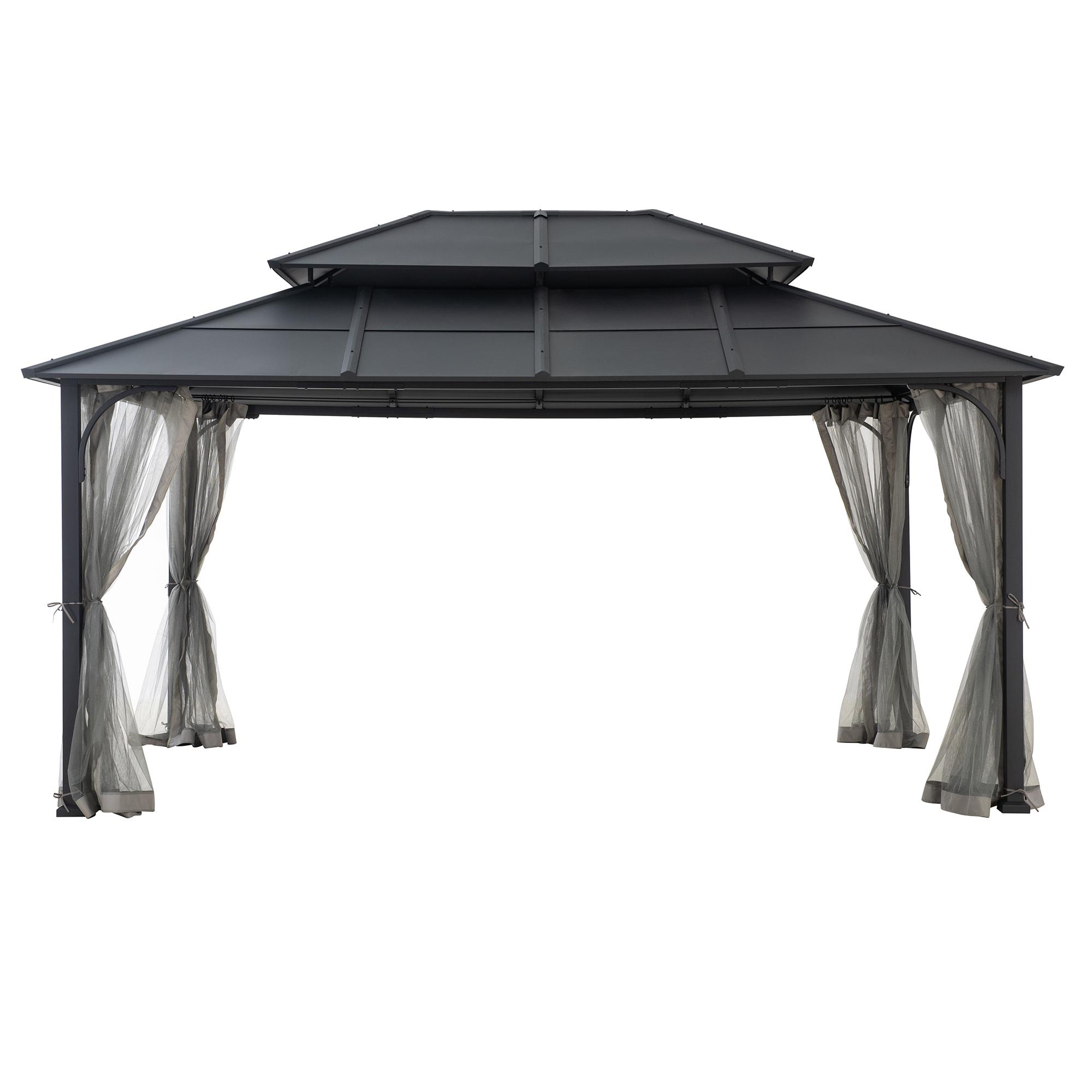 Sunjoy Sunjoy Hardtop Gazebo 12 x 16 ft. Outdoor Gazebo, Heavy Duty Steel Frame Gazebo, Double Tiered Metal Gazebo with Ceiling Hook and Removable Netting Sidewalls