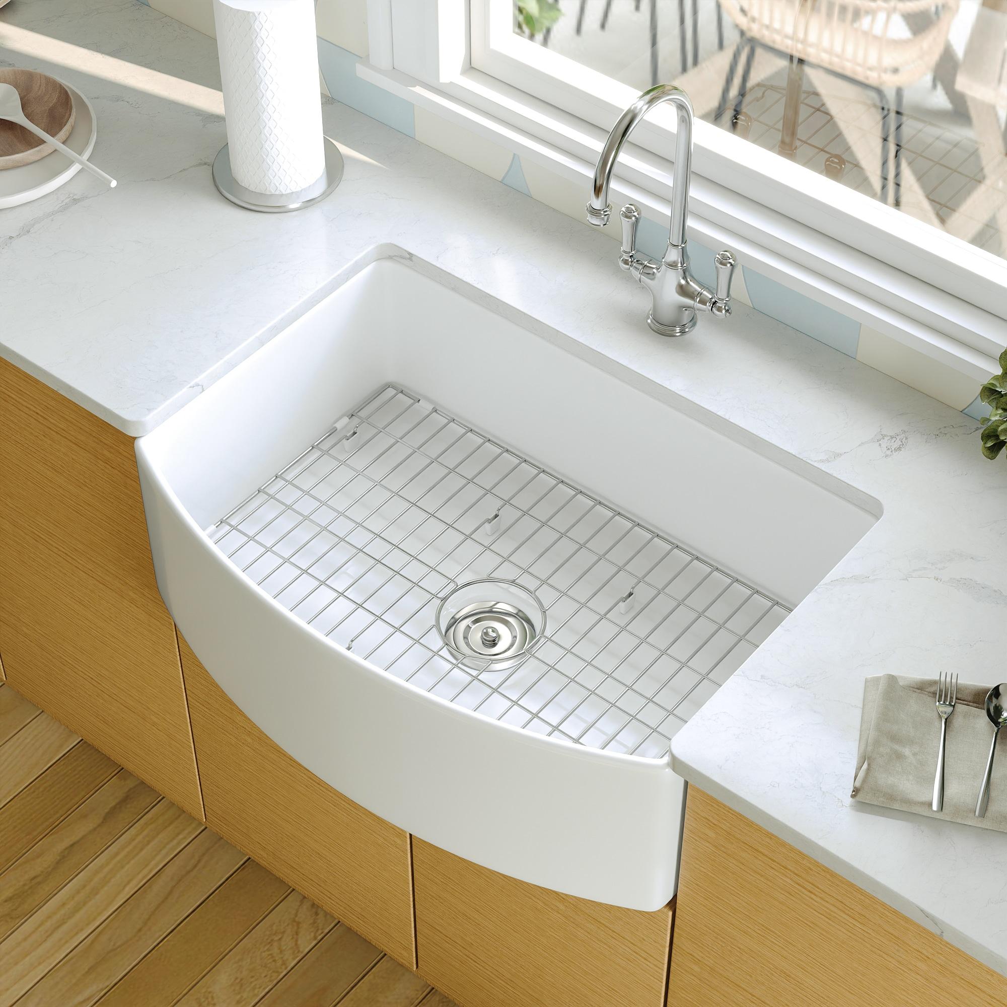 DeerValley Fireclay Single Basin Curved Farmhouse Kitchen Sink with Sink Grid and Basket Strainer