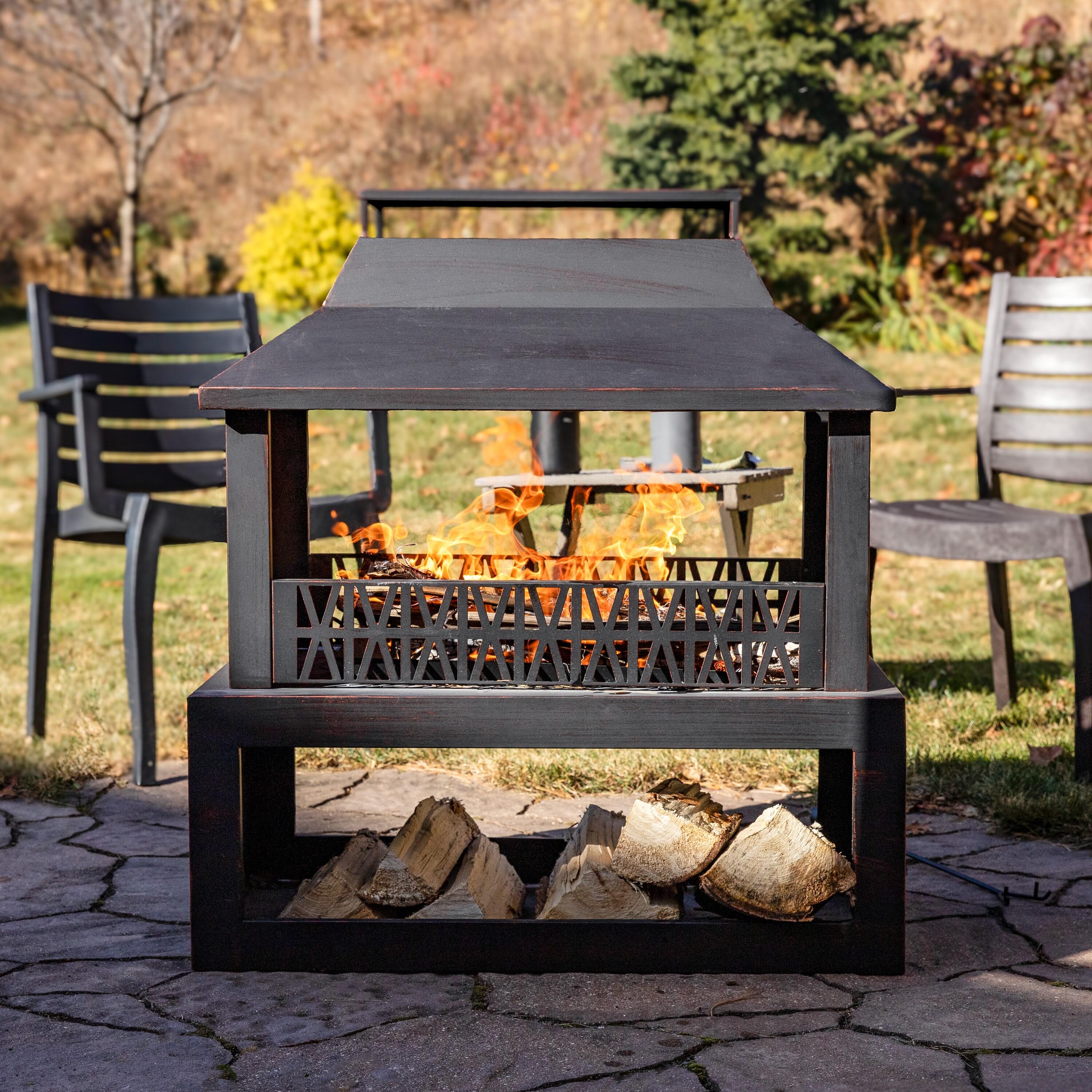 Lark Manor™ Courter 29" Rectangle Bronze Finish Steel Outdoor Fireplace with Log Storage