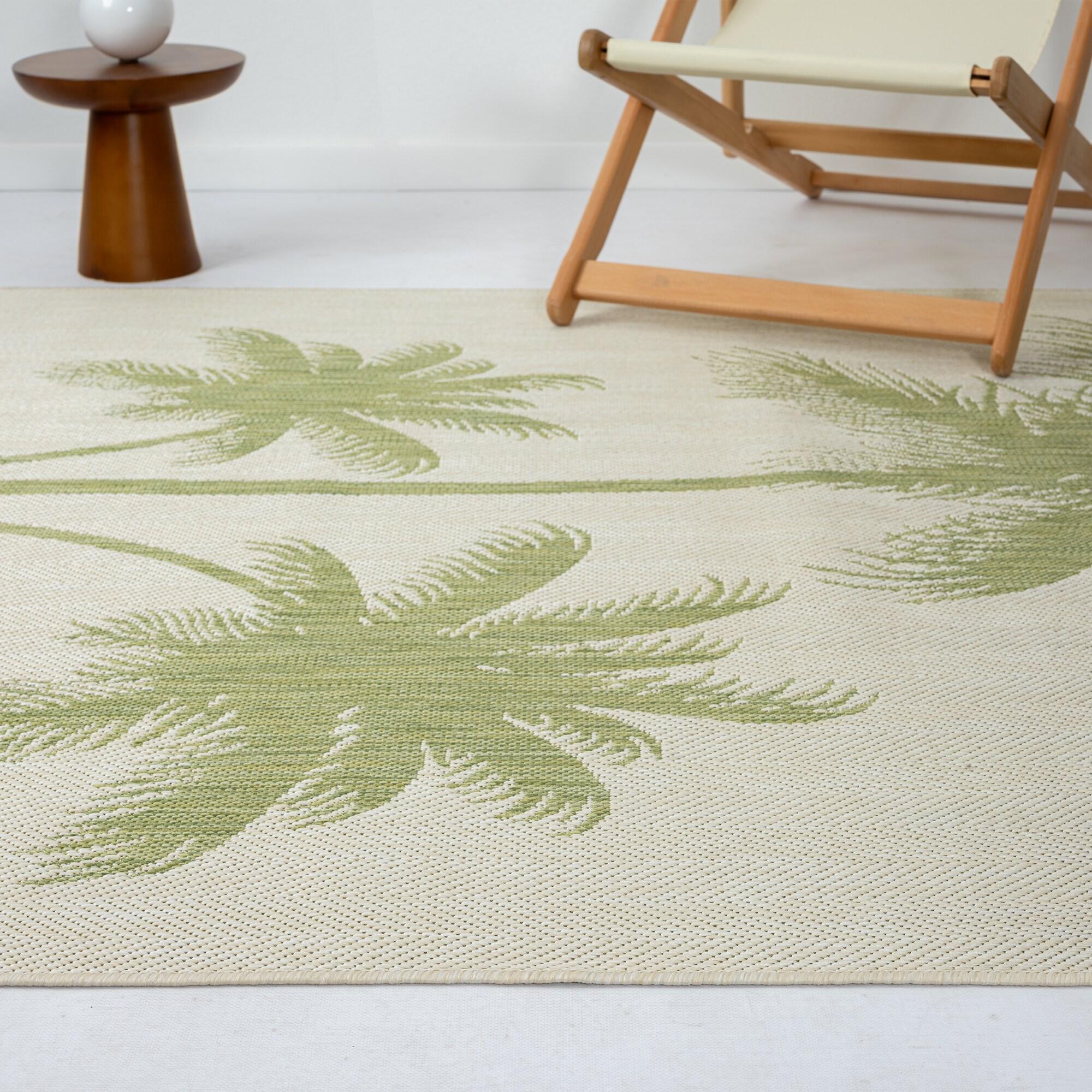 LR Home Camila 5' x 7', Beige/Green Palm Tree Fade, Stain, and Moisture Resistant Indoor/Outdoor Area Rug