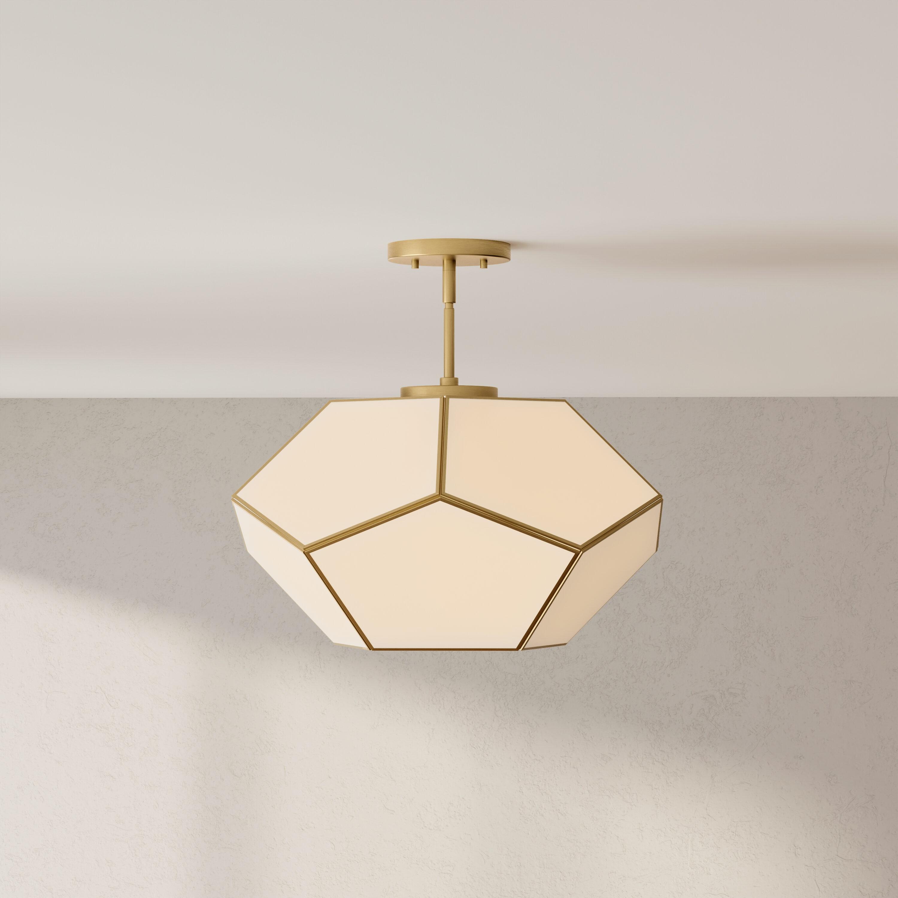 Progress Lighting Latham 3-Light Semi-Flush Mount, Vintage Gold, White Art Glass. Geometric framework with handmade glass.