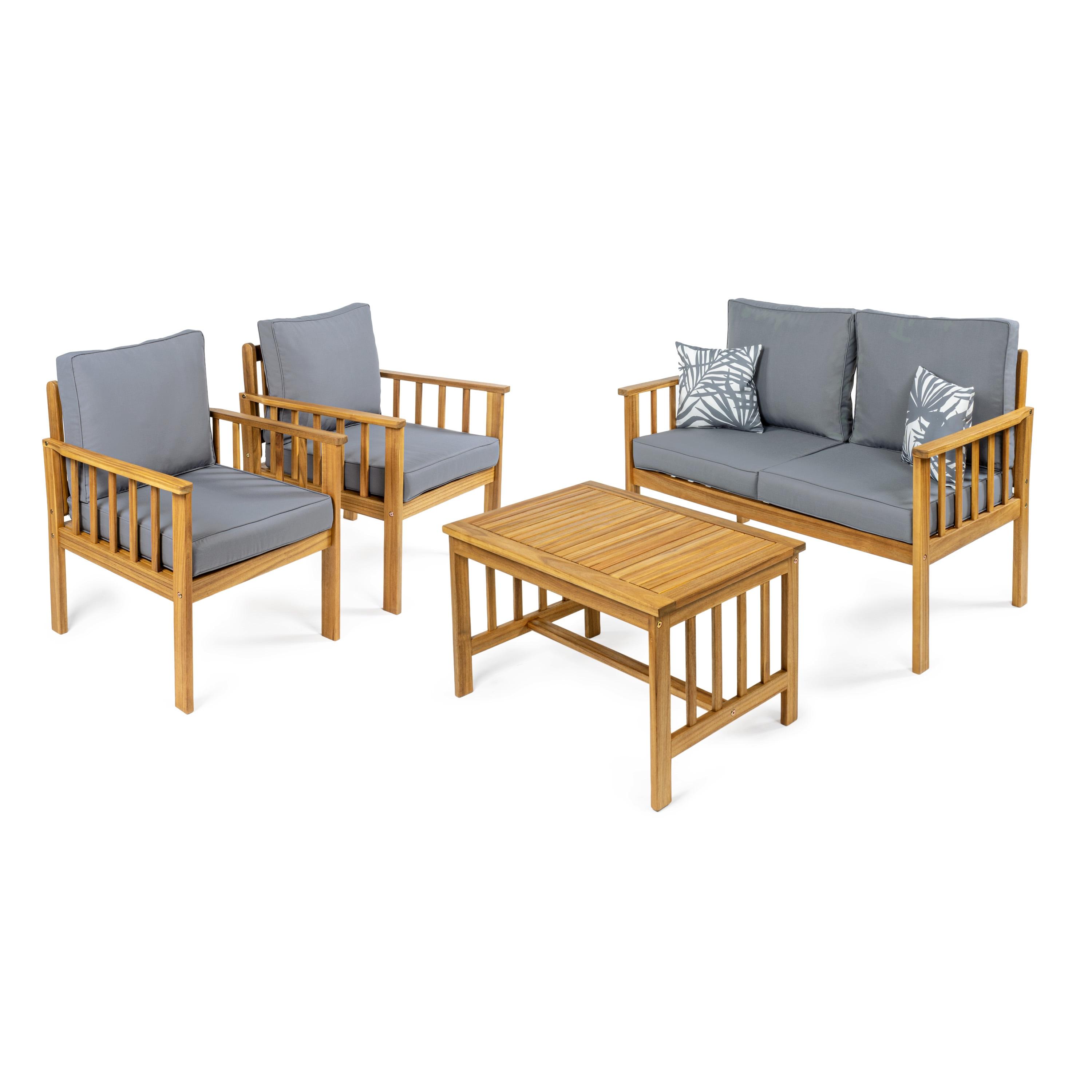 Everly 4-Piece Modern Cottage Acacia Wood Outdoor Patio Set with Cushions and Tropical Decorative Pillows, Gray/Teak Brown - JONATHAN Y