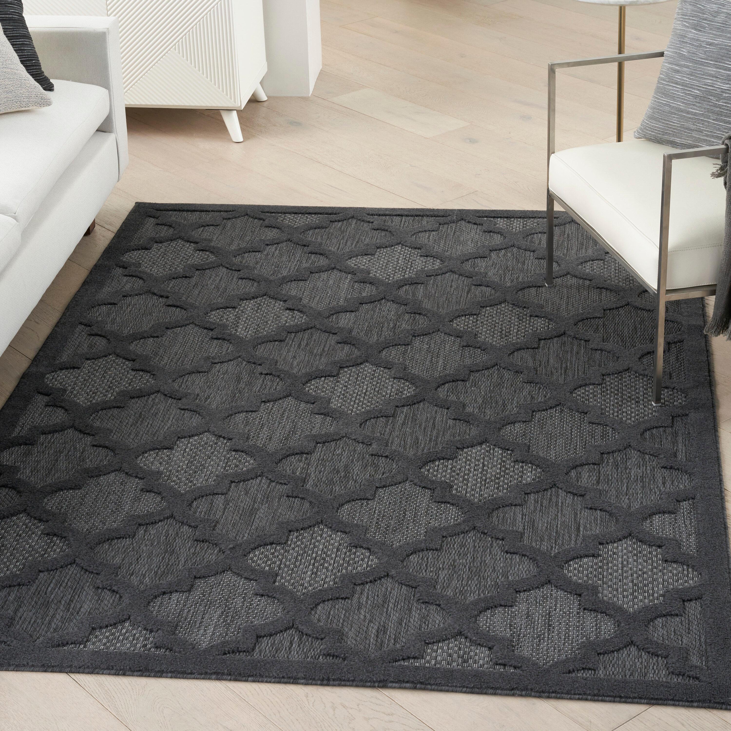 Nourison Easy Care Trellis Flatweave Indoor Outdoor Area Rug 5' x 7' Charcoal/Black