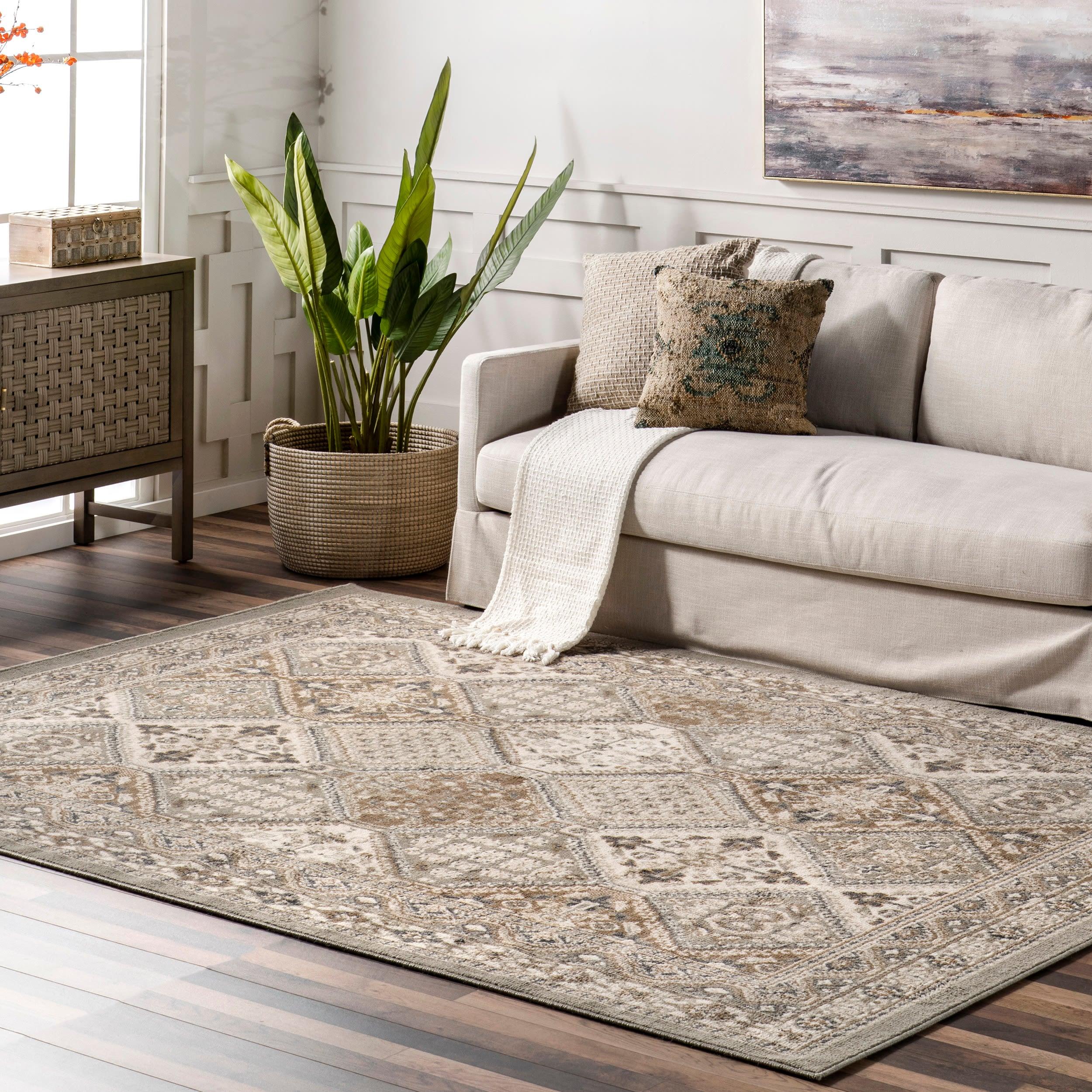 Nuloom 9x12 Becca Tiled Indoor Area Rug, Taupe, Faded Transitional Design, Stain Resistant, Bedroom, Living Room, Kitchen