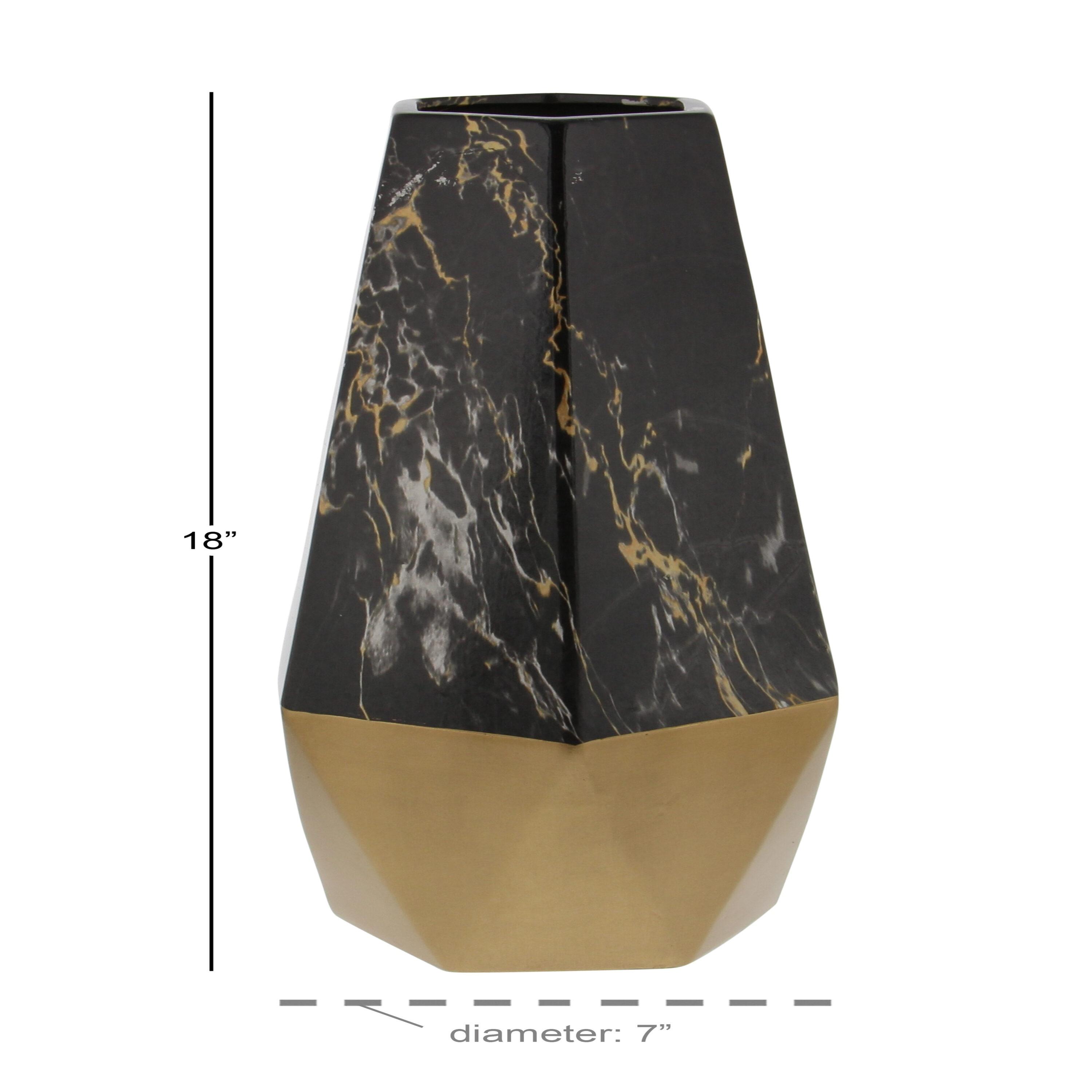 Mercer41 Bhavya Ceramic Faux Marble Decorative Dark Gray Vase with Gold Base