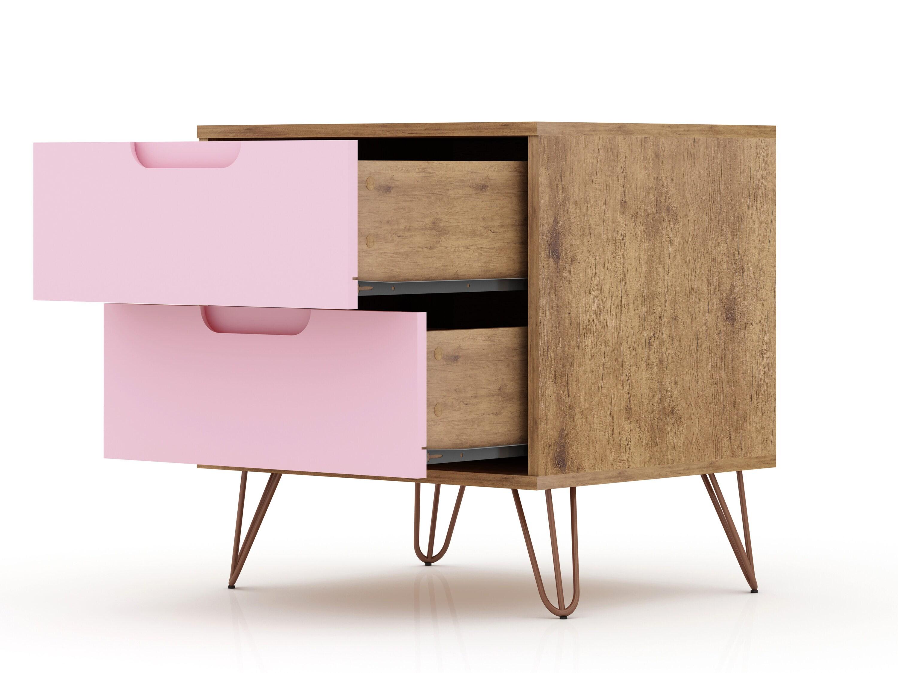 2.0 Rockefeller Nightstand Natural/Rose Pink - Manhattan Comfort: Modern MDF Bedside Storage with Metal Glides