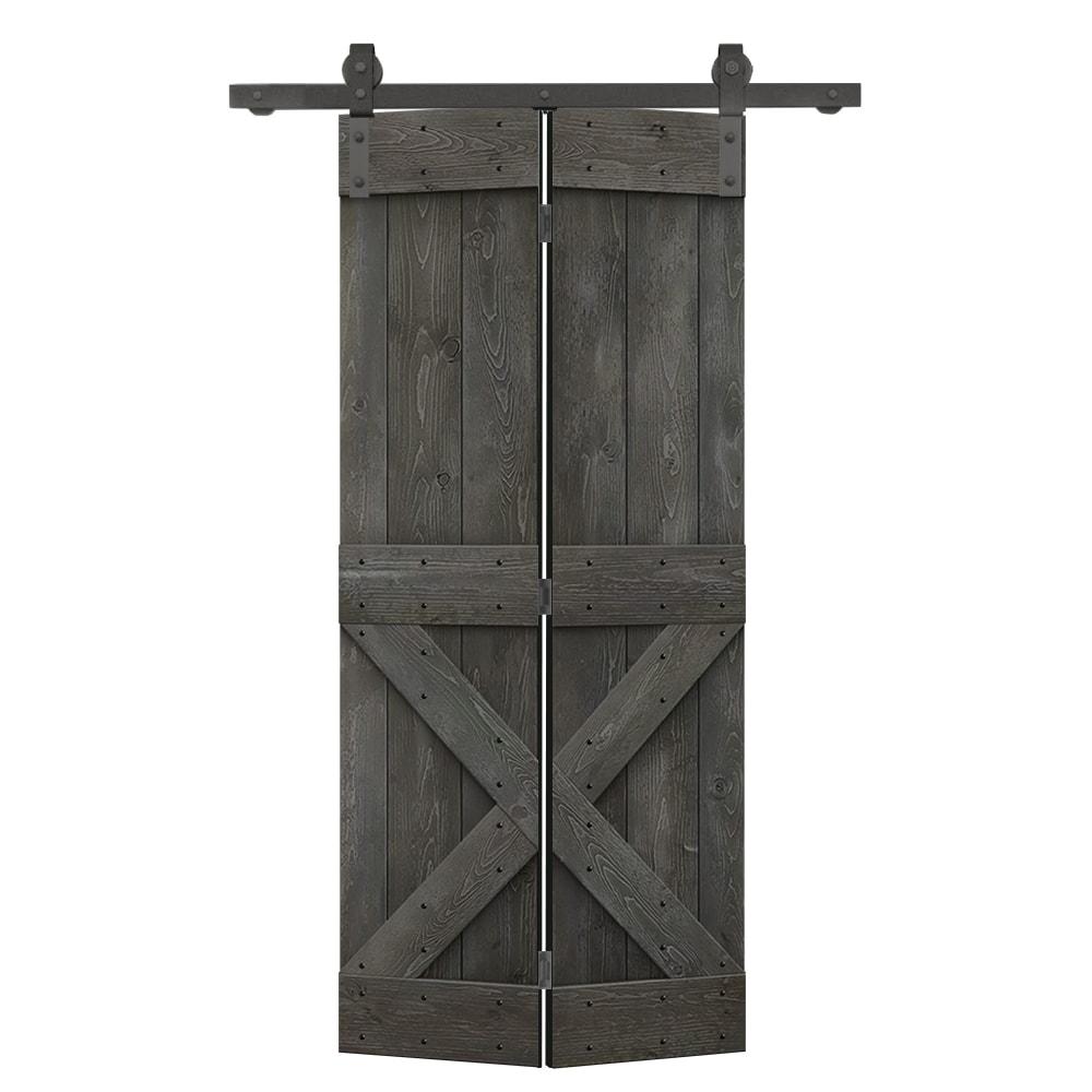 36 in. x 84 in. Mini X Series Carbon Gray Stained DIY Wood Bi-Fold Barn Door with Sliding Hardware Kit
