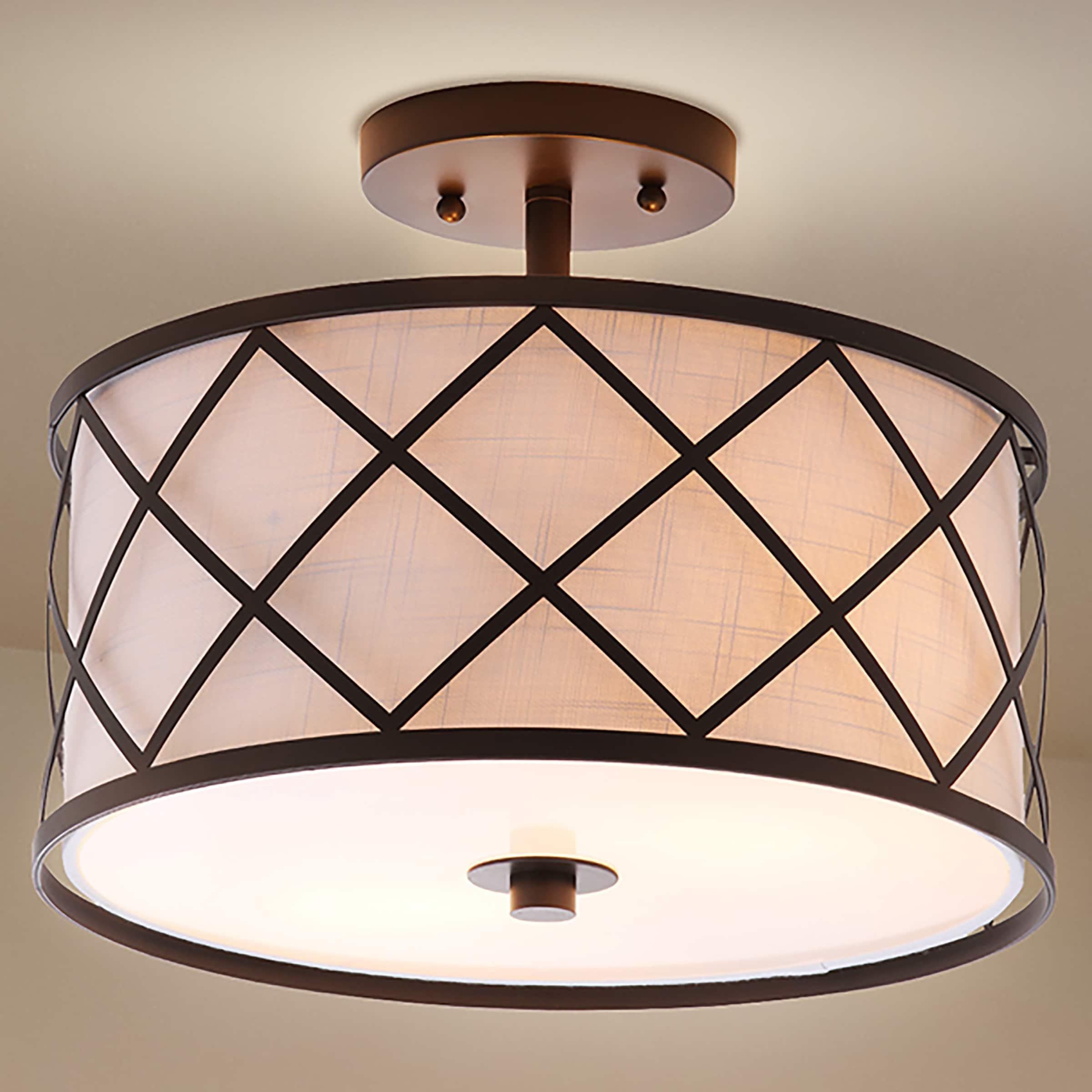 Transitional Elegance 13.25" Bronze LED Flush Mount with White Linen Shade