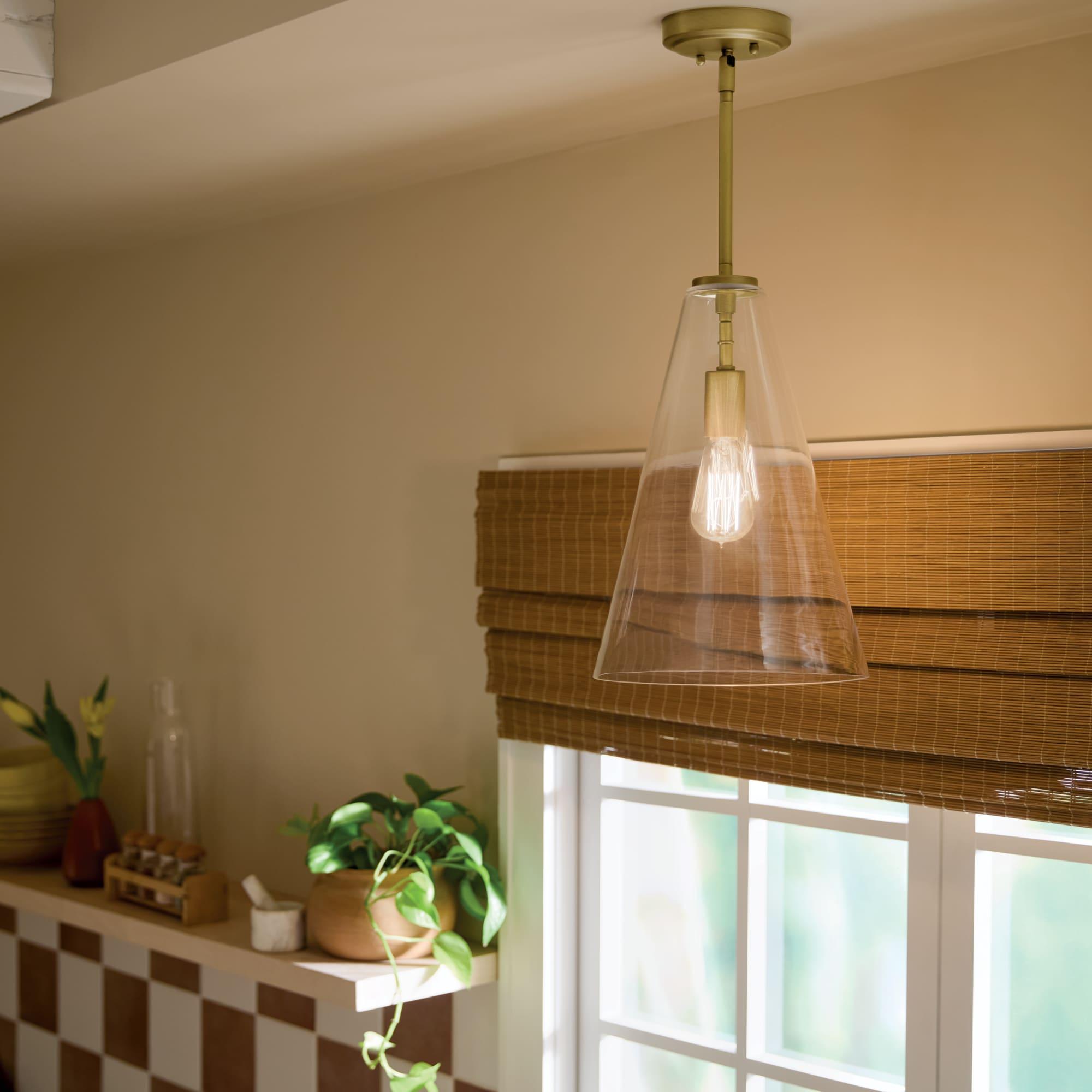 Everly 15.25" 1-Light Cone Pendant with Clear Glass in Natural Brass, for Kitchen Island, Dining Nook, Bedroom, (15.25" x 10.25") 42199NBR