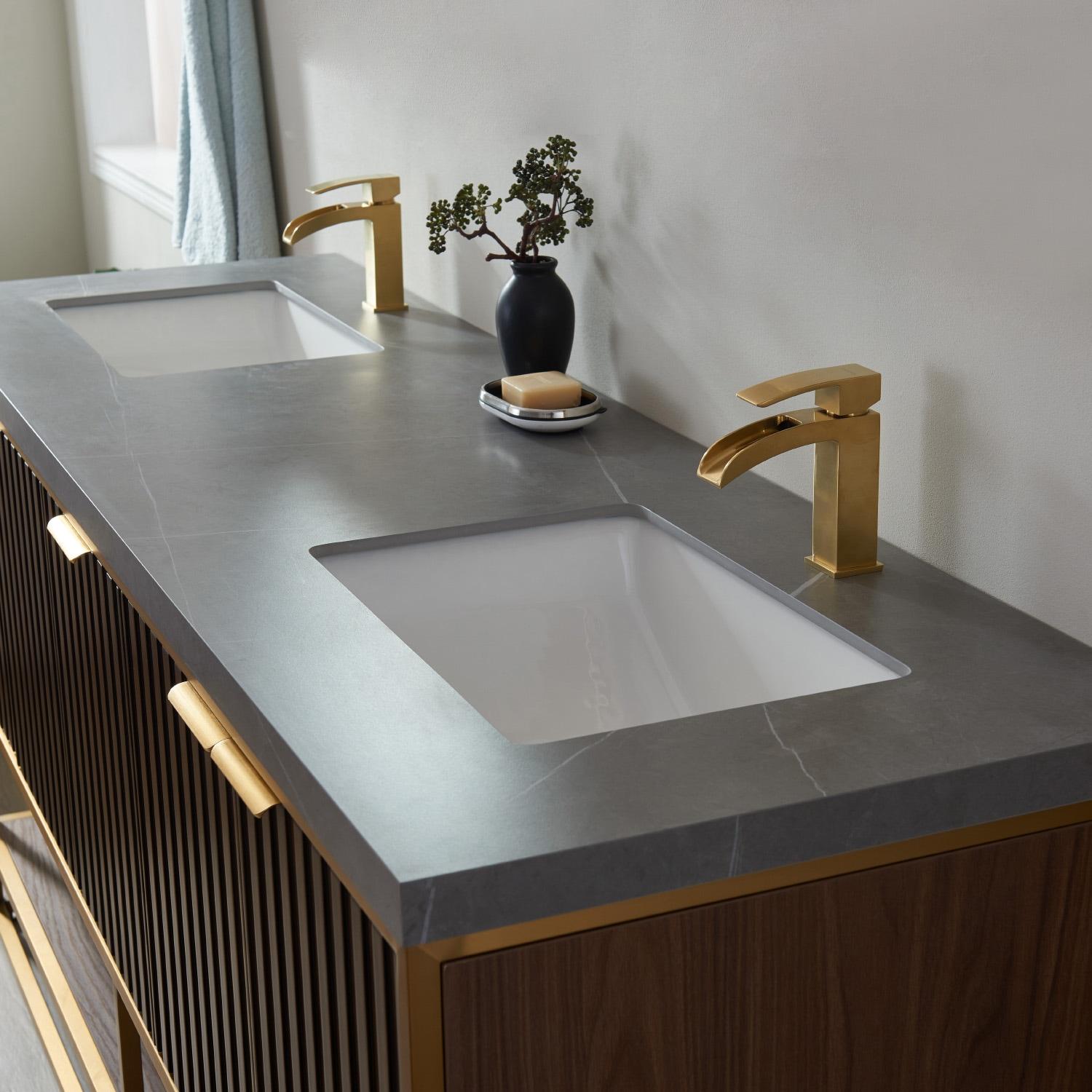 Vinnova Donostia 72" Gray Stone Top Double Vanity in Walnut No Mirror