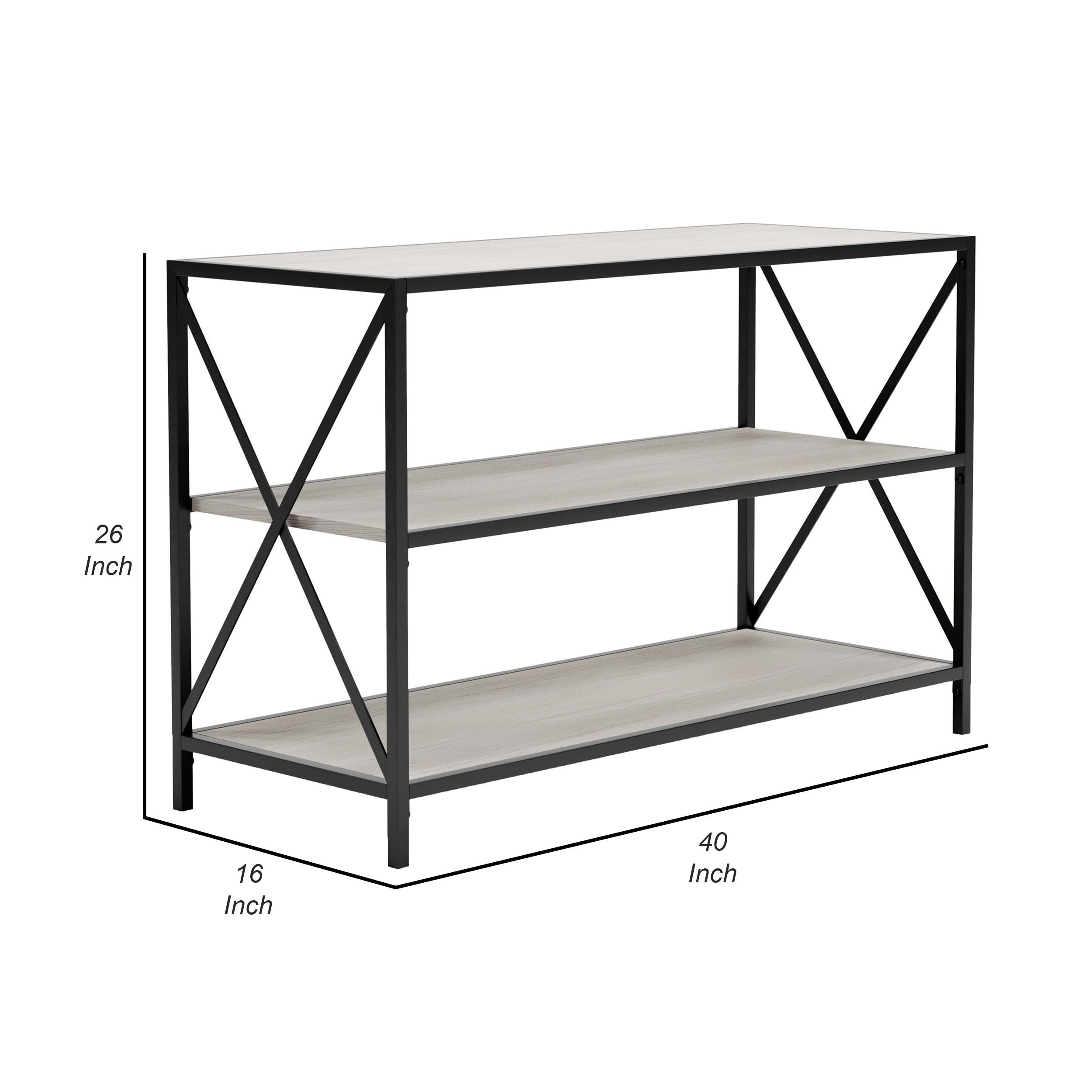 Gem 40 Inch Metal Console Sideboard Table 3 Shelves X Side Accents Black Whitewash - Saltoro Sherpi