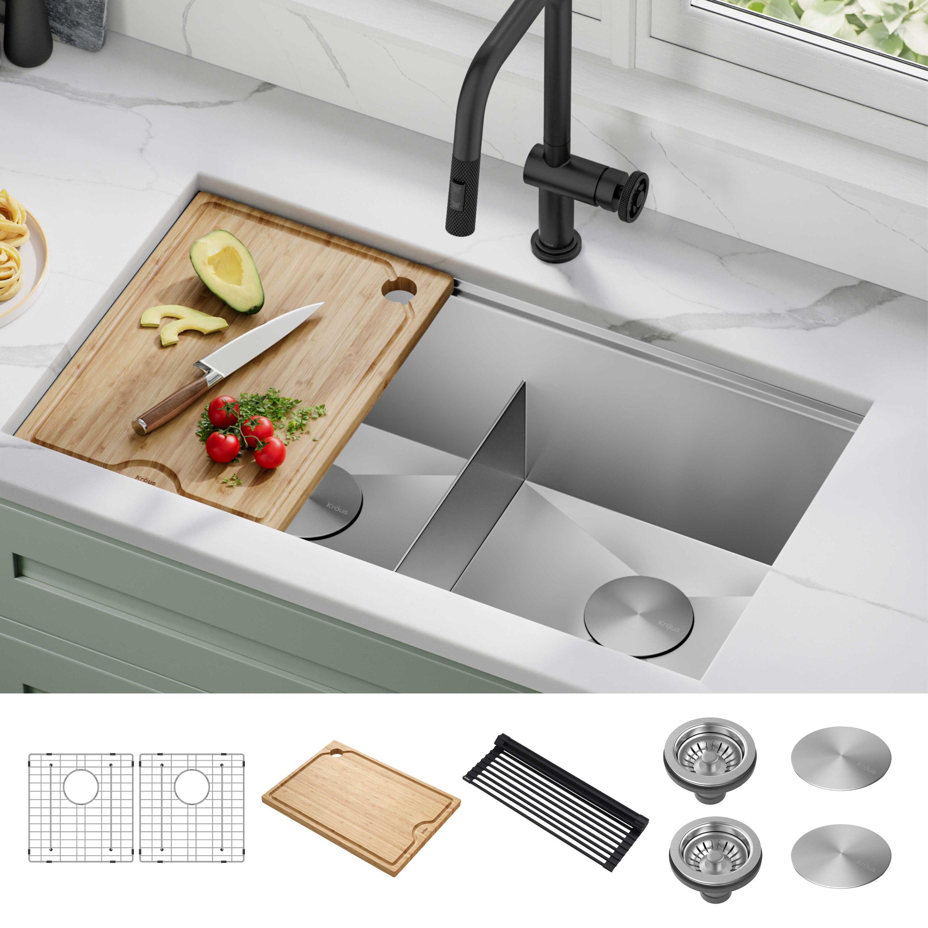 KRAUS Kore™ Workstation 33-inch L Undermount 16 Gauge Double Bowl Stainless Steel Kitchen Sink with Accessories