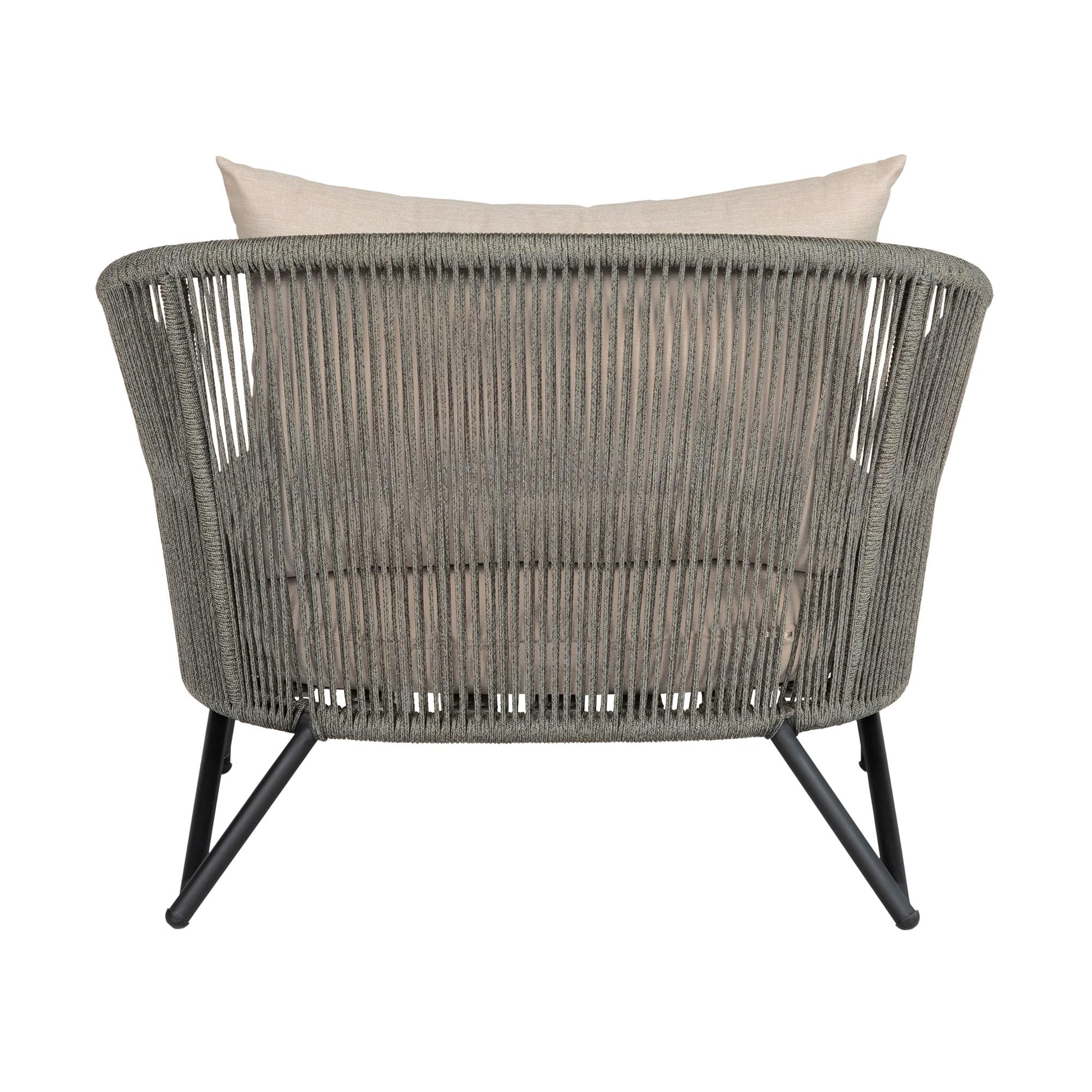 Benicia Outdoor Patio Chair in Black Steel with Gray Rope and Taupe Cushions