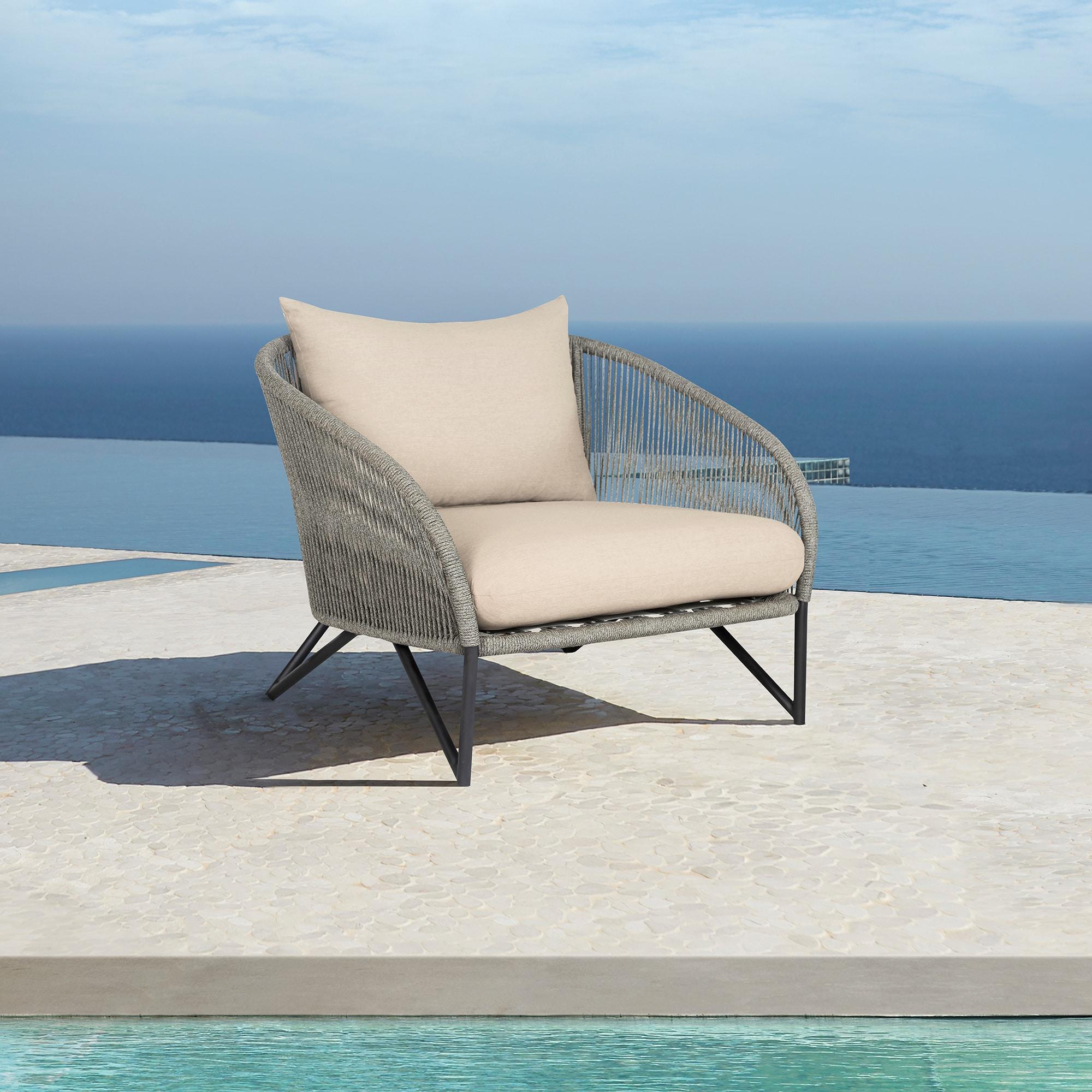 Benicia Outdoor Patio Chair in Black Steel with Gray Rope and Taupe Cushions