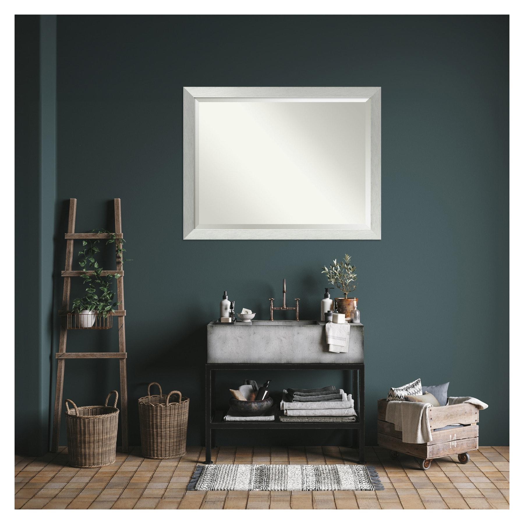 Brushed Sterling Silver Beveled Wood Bathroom Wall Mirror