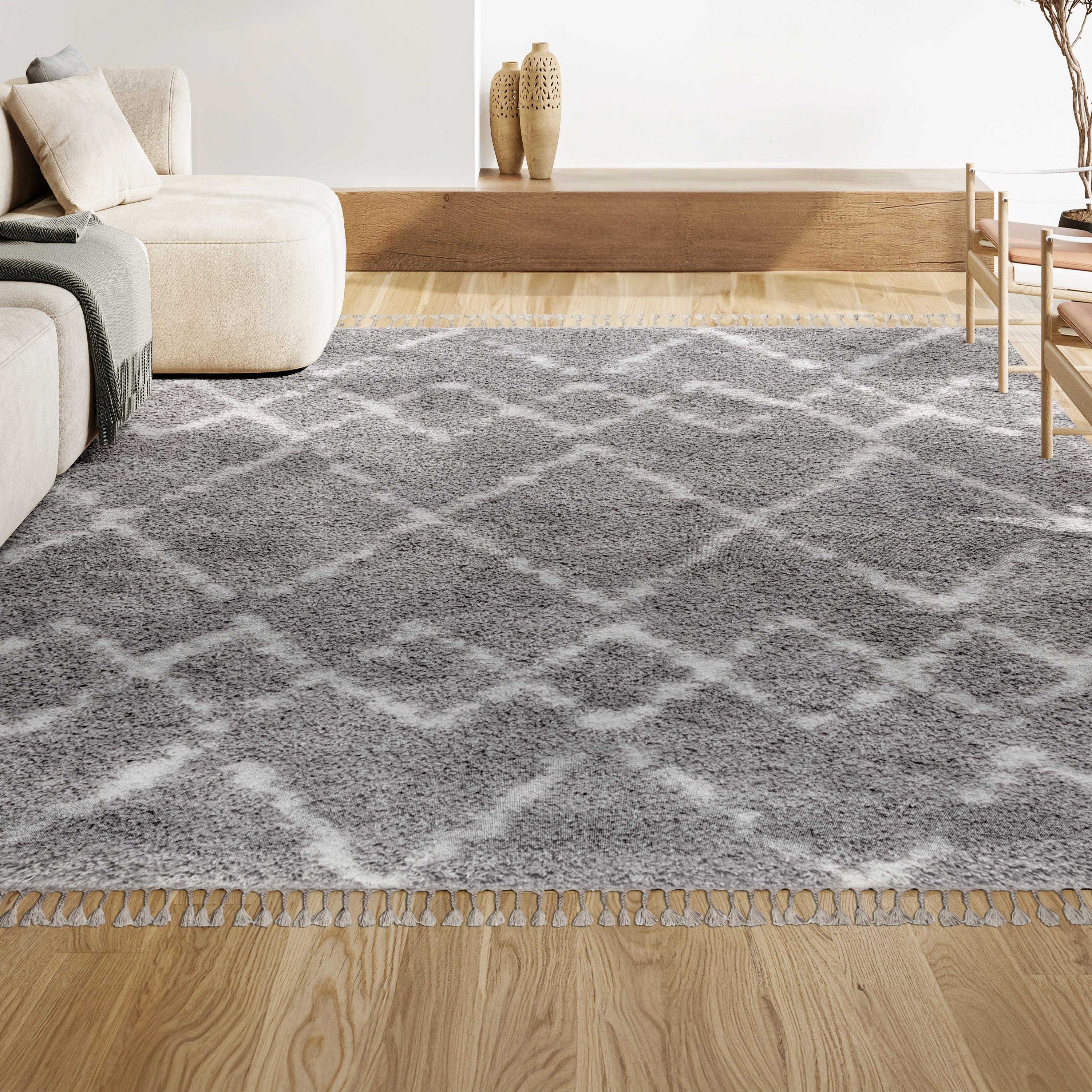 3'x5' Mercer Shag Plush Tassel Moroccan Geometric Trellis Area Rug, Grey/Cream - JONATHAN Y