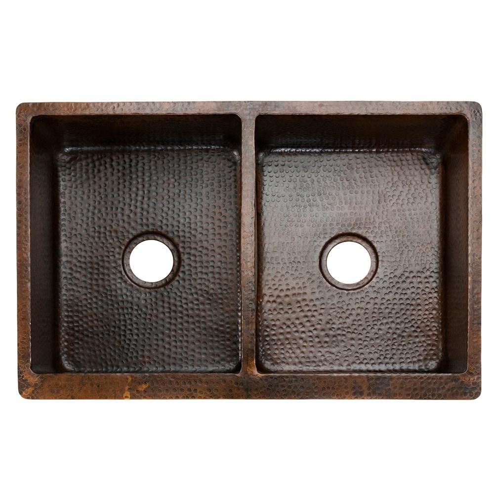 Premier Copper Products KA50DB33229 33" Hammered Copper Apron Front 50/50 Double Basin Kitchen Sink