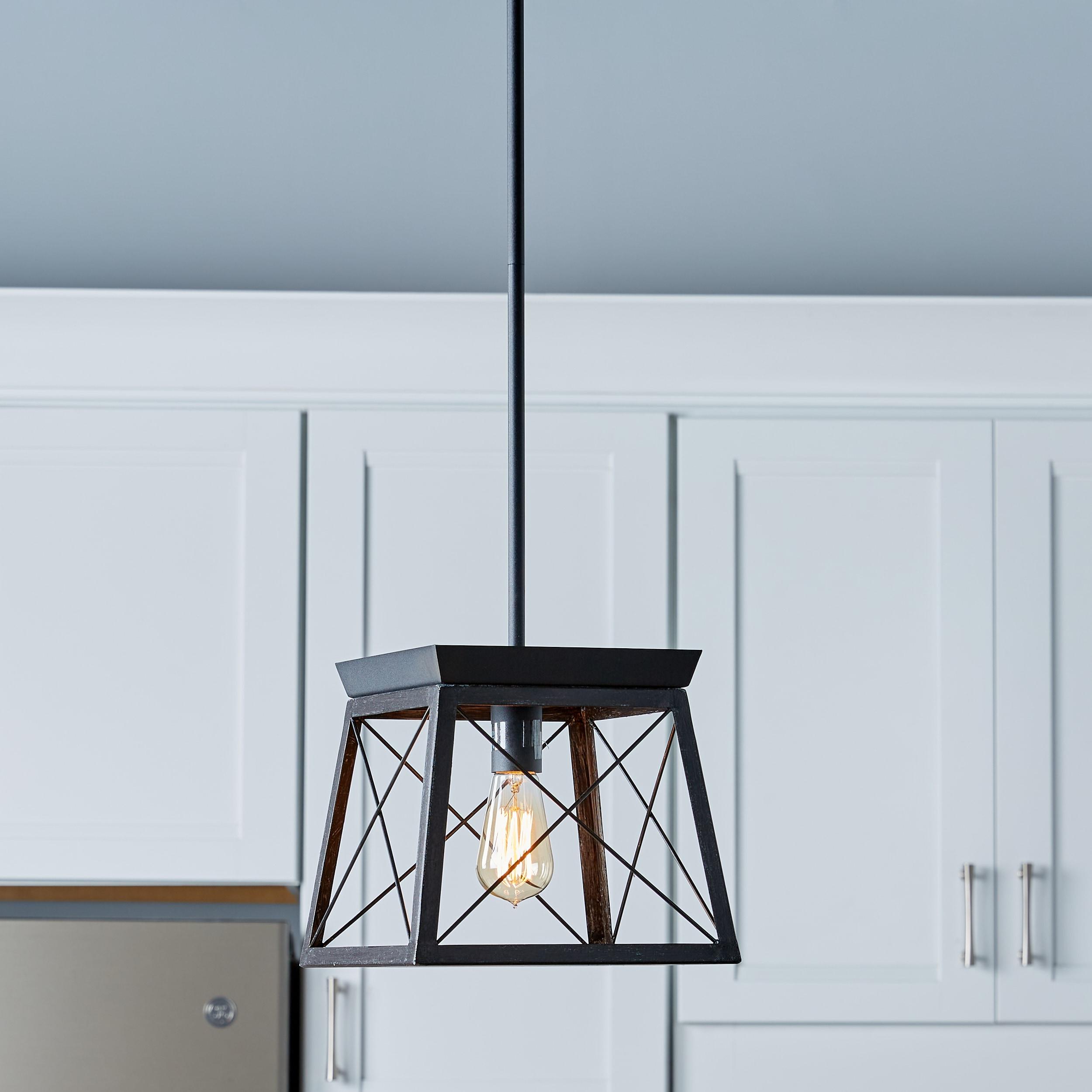 Progress Lighting Briarwood 1-Light Mini-Pendant, Steel, Textured Black, Faux-Painted Wood Enclosure