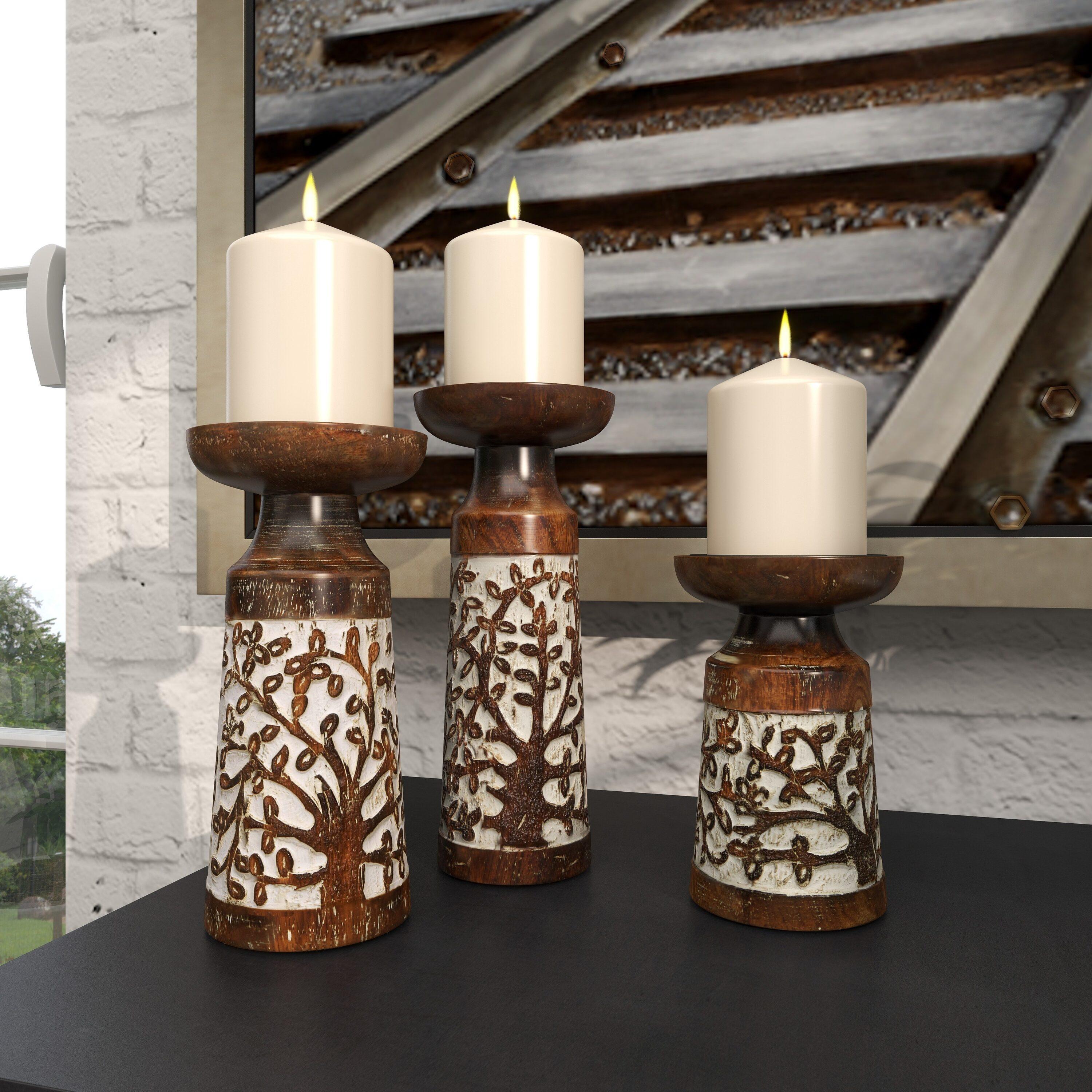 DecMode 3 Candle Brown Mango Wood Handmade Candle Holder, Set of 3