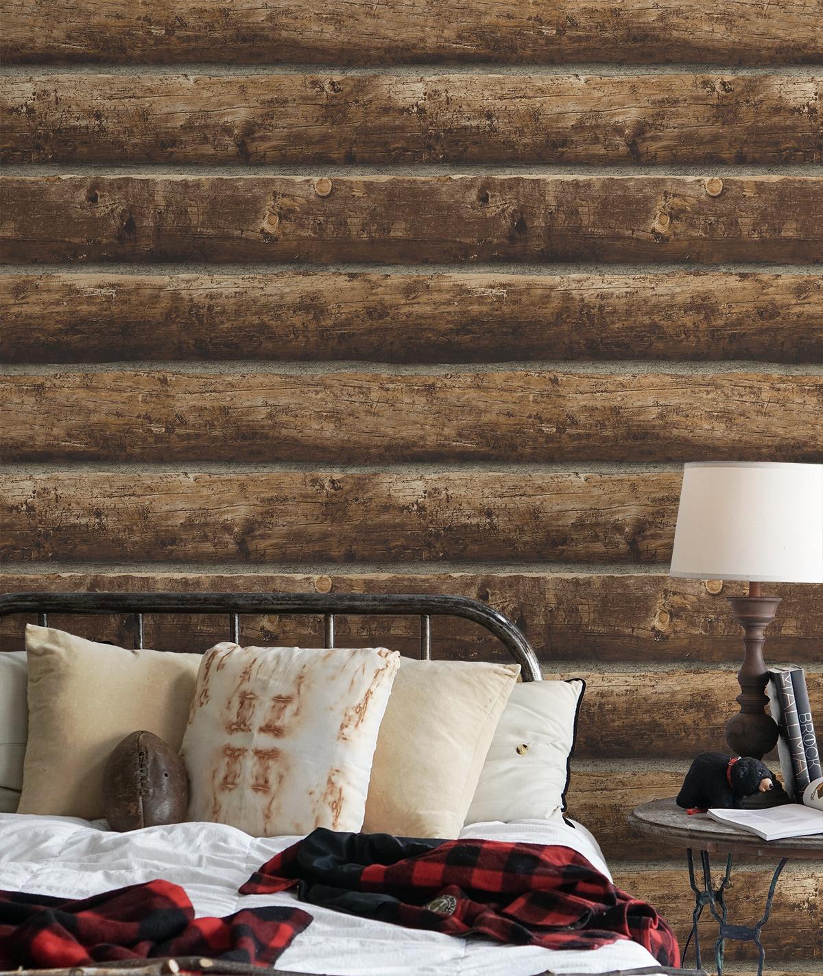 Rustic Brown Faux Log Cabin Peel and Stick Wallpaper