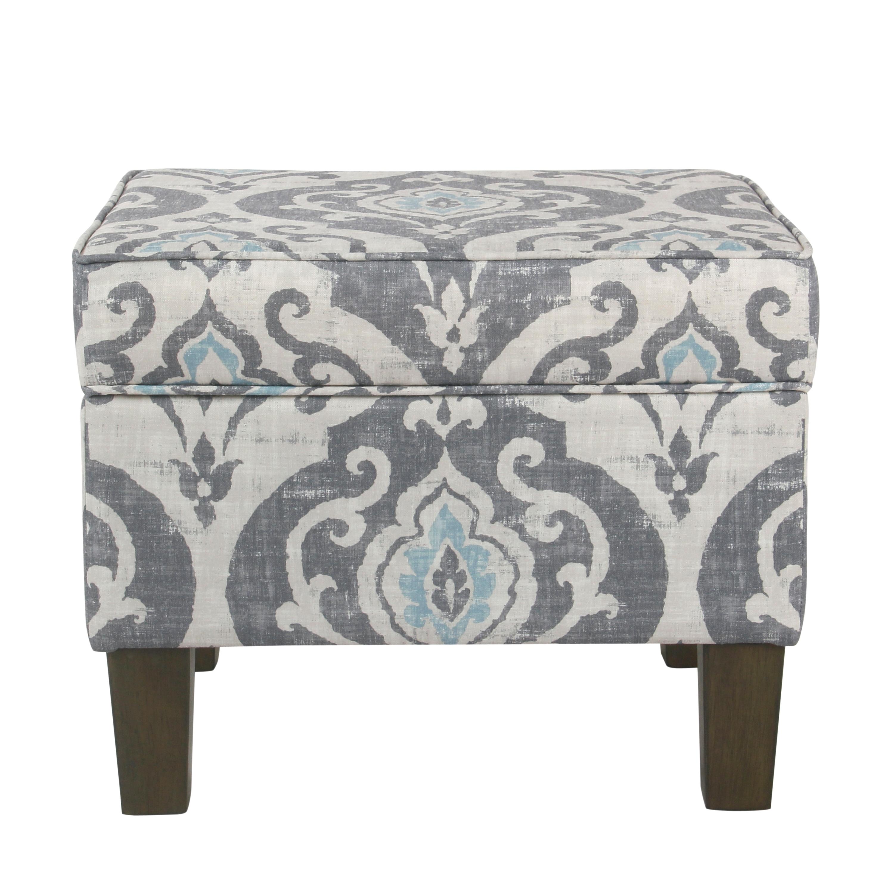 Medium Storage Ottoman Gray/Blue - HomePop: Upholstered Rectangular Footstool with Damask Pattern, Plywood & Hardwood Frame