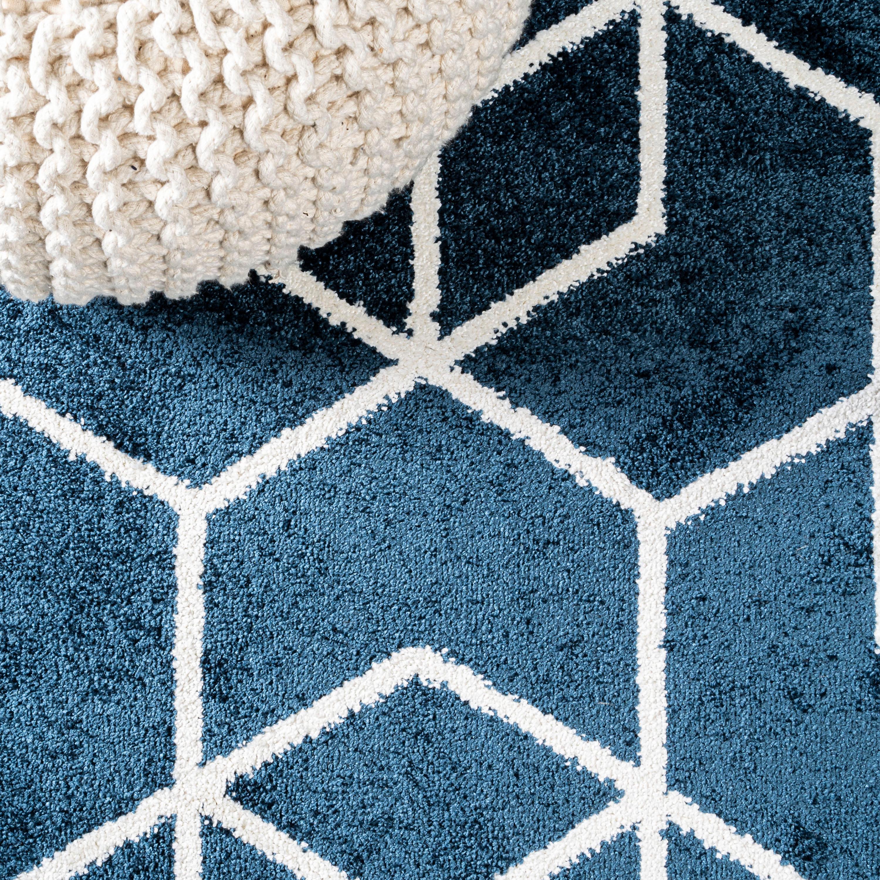 8'x10' Tumbling Blocks Modern Geometric Area Rug, Navy/White - JONATHAN Y