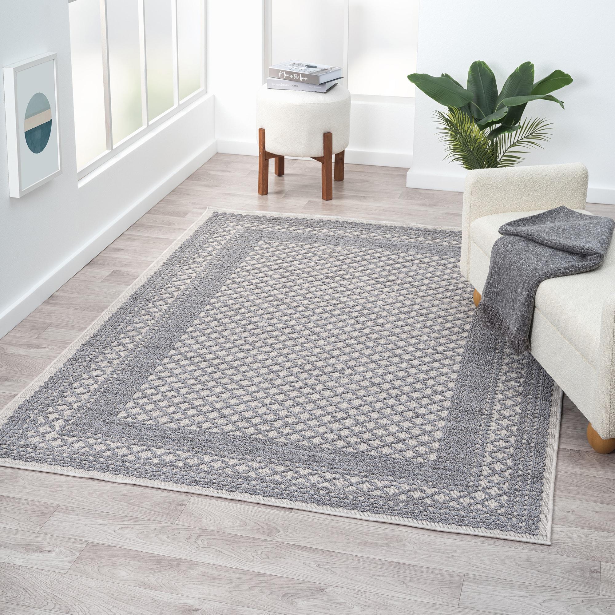 LR Home Gayle 7'10" x 8'10" Gray/Ivory Bordered Performance Indoor/Outdoor Area Rug