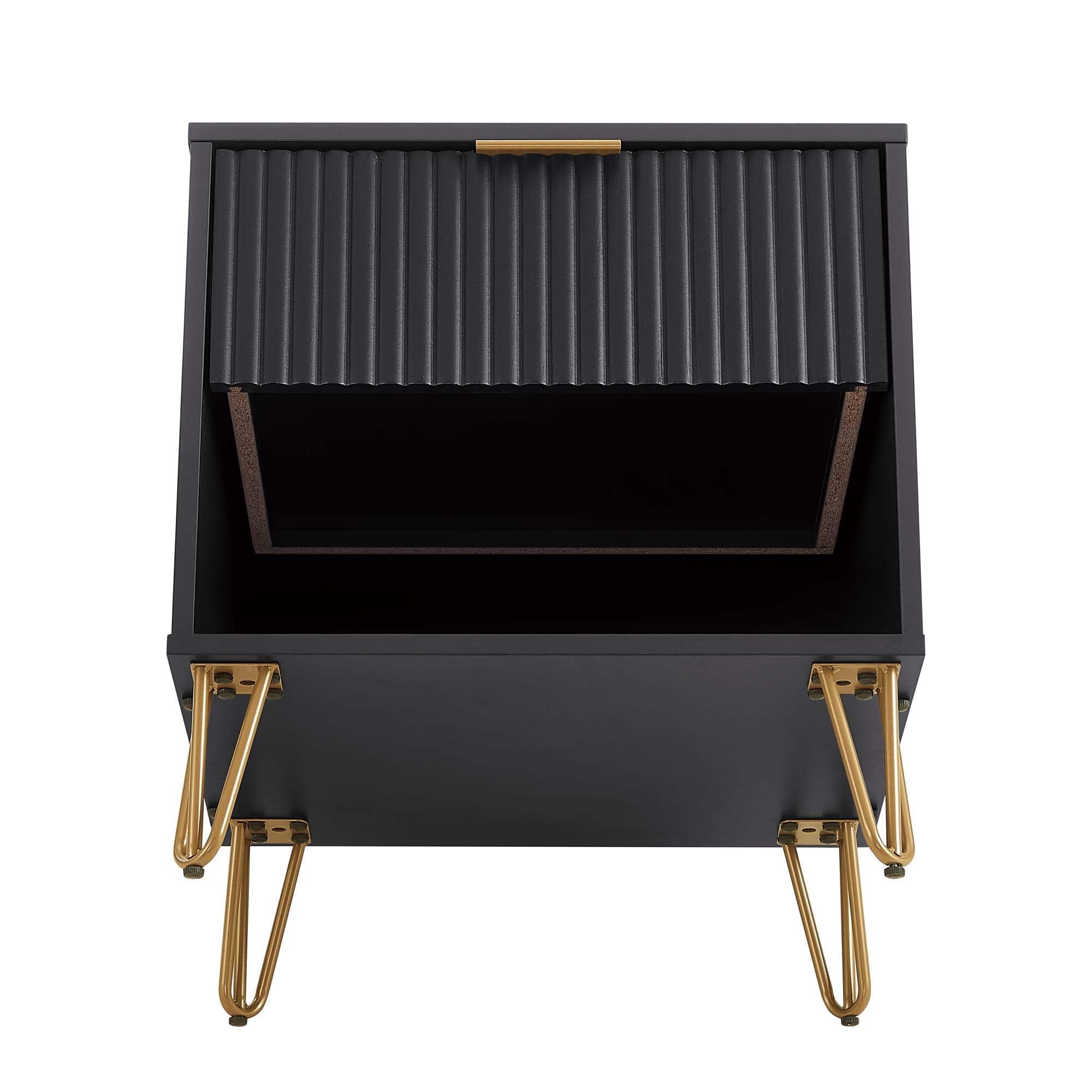 Manhattan Comfort Dumbo Nightstand with Drawer Black: Modern Design, Splayed Metal Legs, Soft Close Storage