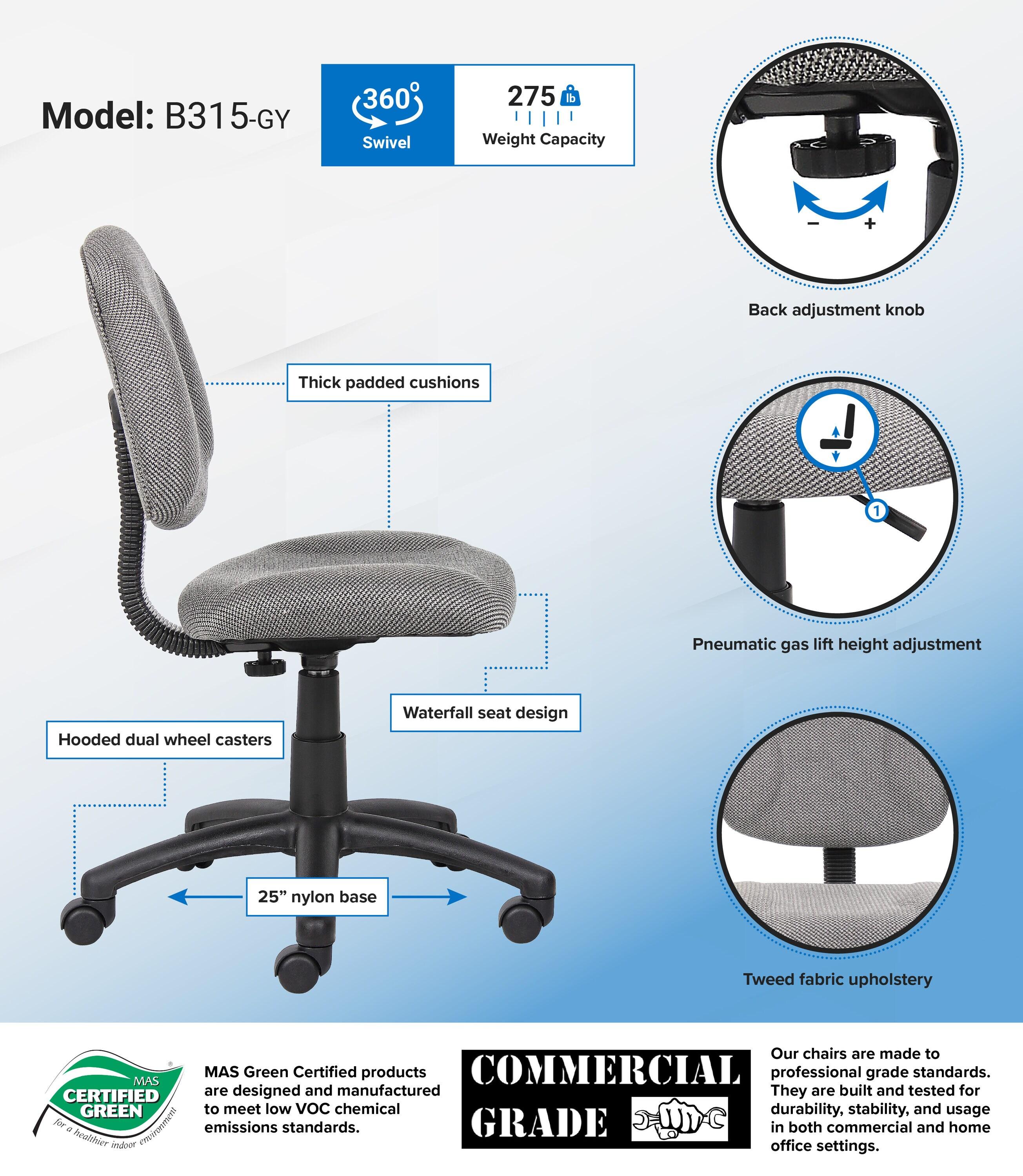 Boss Office Products Deluxe Posture Chair Gray : Ergonomic Swivel Computer Chair with Lumbar Support, Nylon Legs