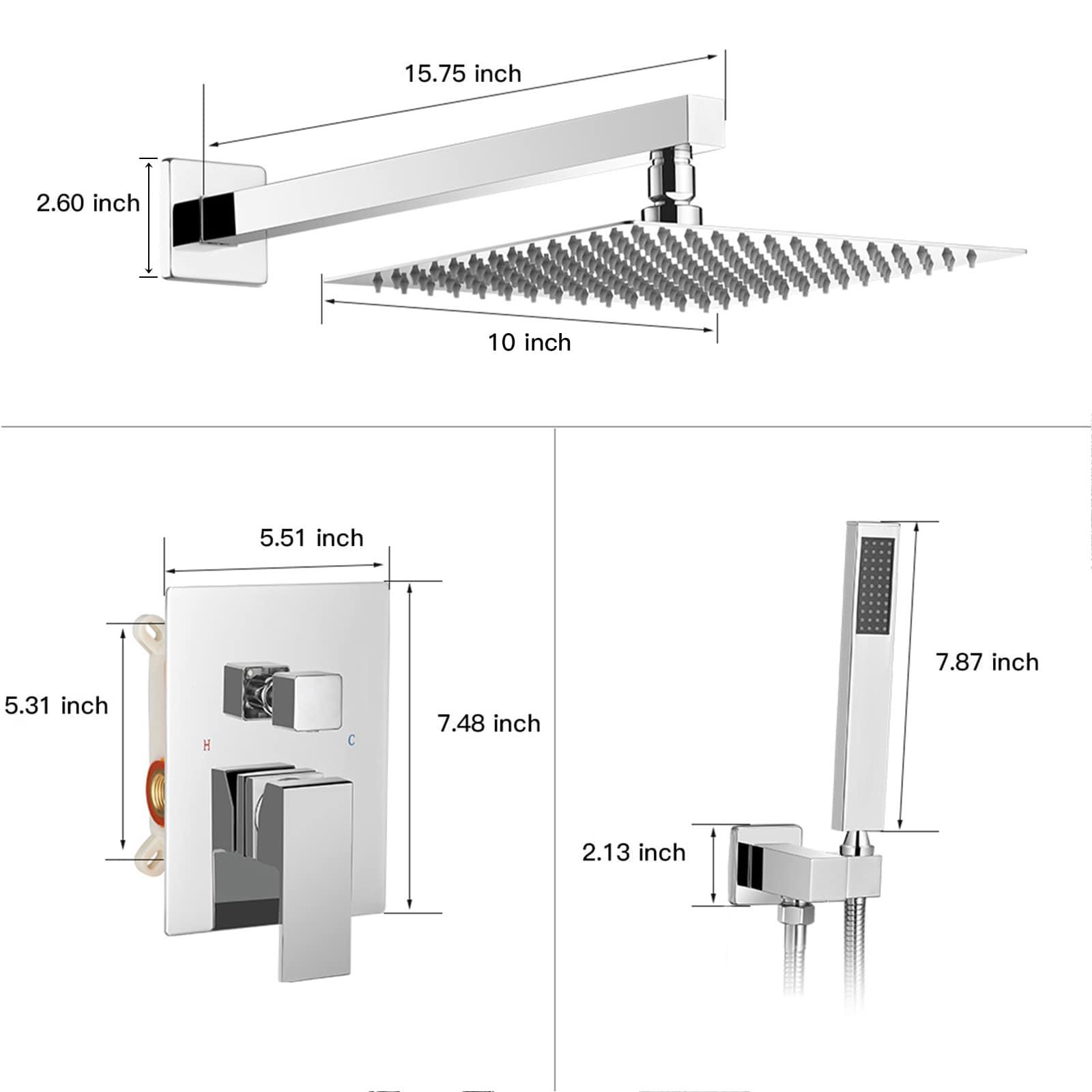 10 Inch Square Bathroom Shower Combo Set In Polished Chrome