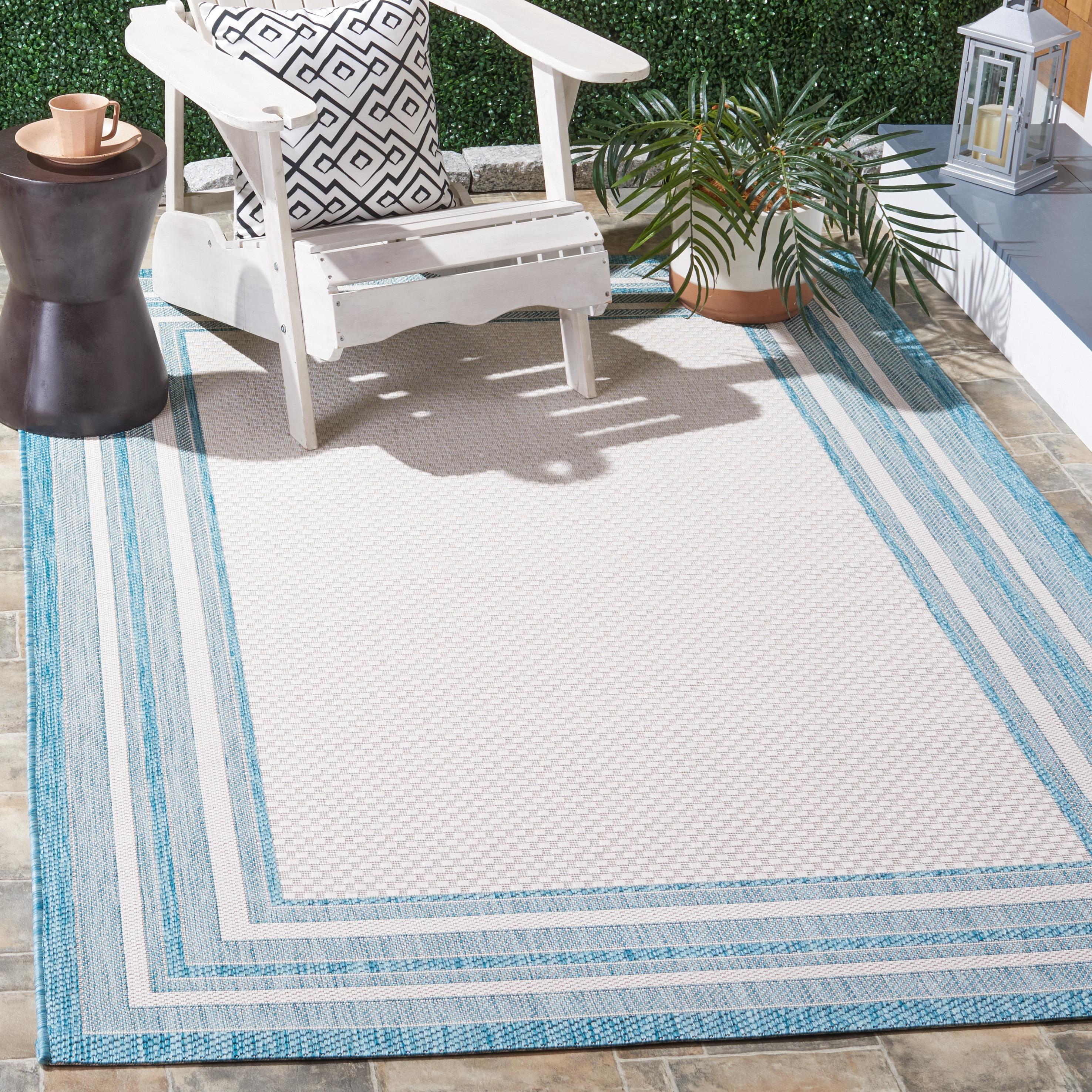SAFAVIEH Courtyard Ercan Bordered Indoor/Outdoor Area Rug, Ivory/Aqua, 9' x 12'