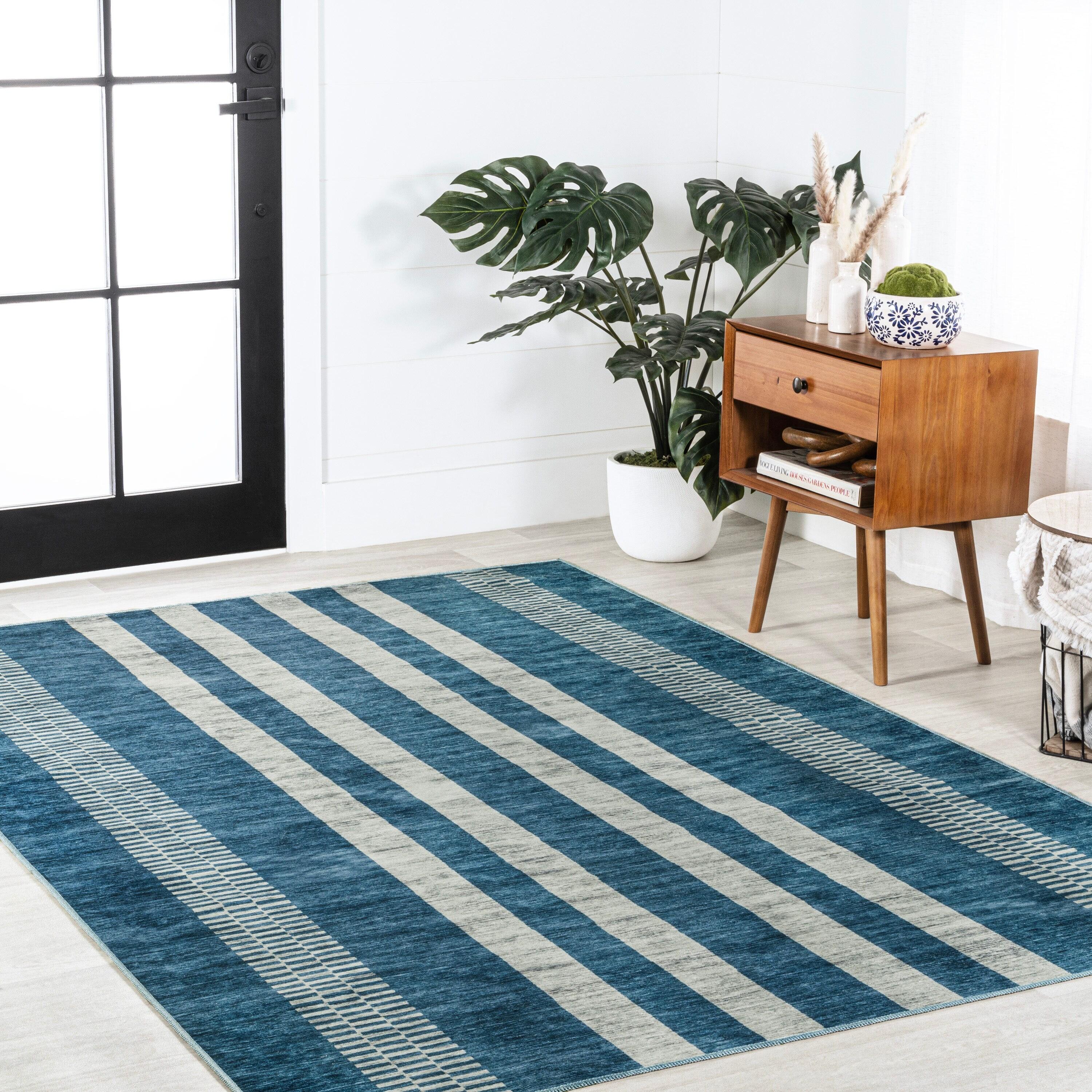 JONATHAN Y Vichy Geometric Striped Machine-Washable Blue/Cream 3 ft. x 5 ft. Area Rug